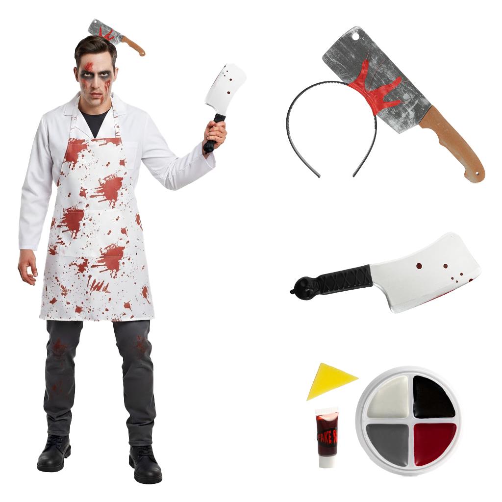 Adults Zombie Butcher Costume | 5 Pcs | White Coat, Bloody Apron, Cleaver Headband, Cleaver Prop & Face Paint