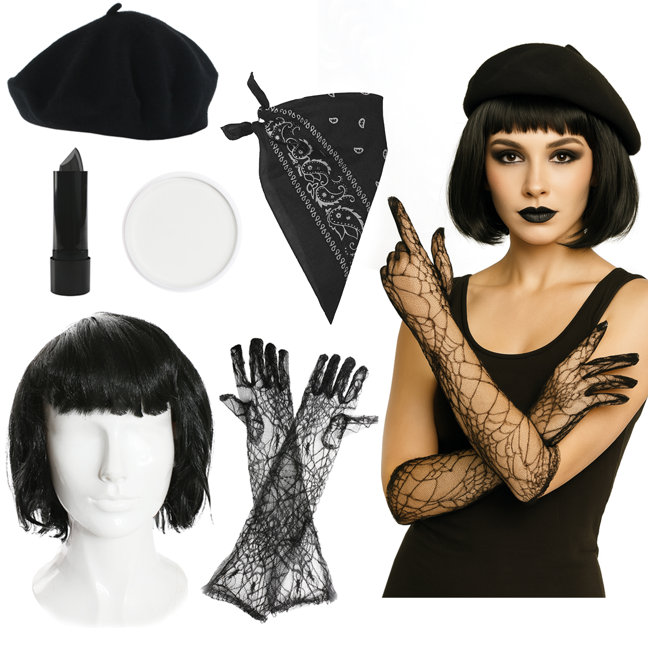Giant Peach Spider Lady Costume | 6 Pcs | Beret, Wig, Gloves, Lipstick, Face Paint & Bandanna