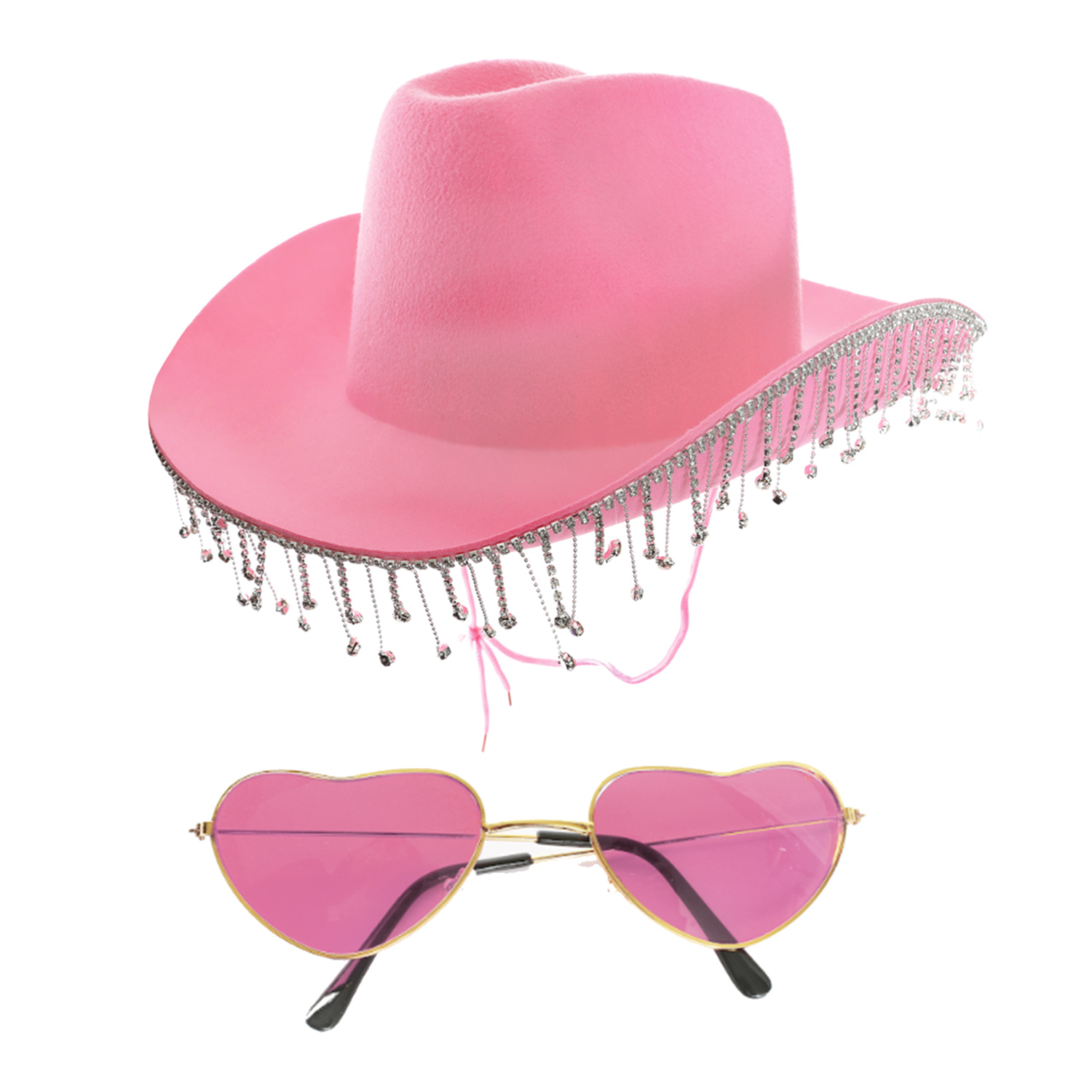Pink Cowboy Hat with Diamantes & Heart Glasses