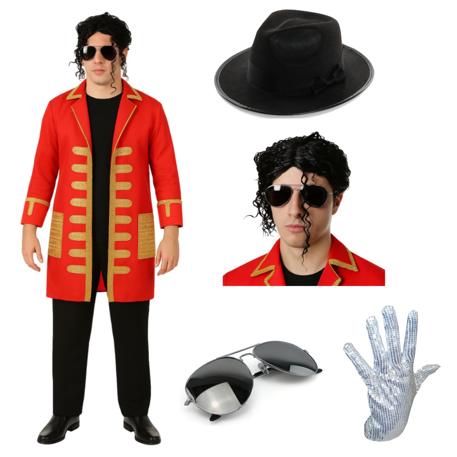 Adults King of Pop Costume | 5 Pcs | Red Jacket, Wig, Glasses, Hat & Sequin Glove