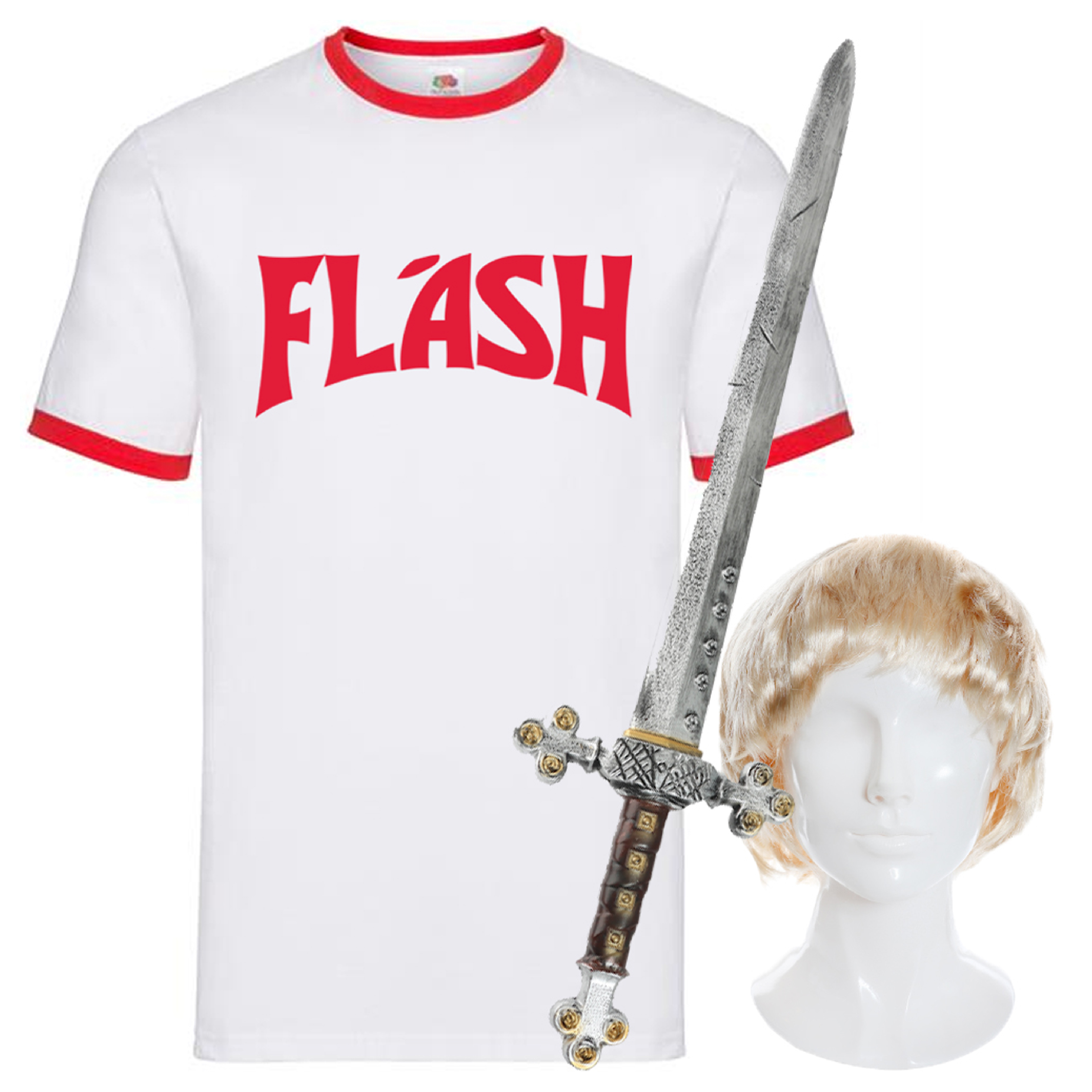 Flash Gordon Inspired Costume Set – T-Shirt, Wig & Sword for 80s Fancy Dress & Cosplay