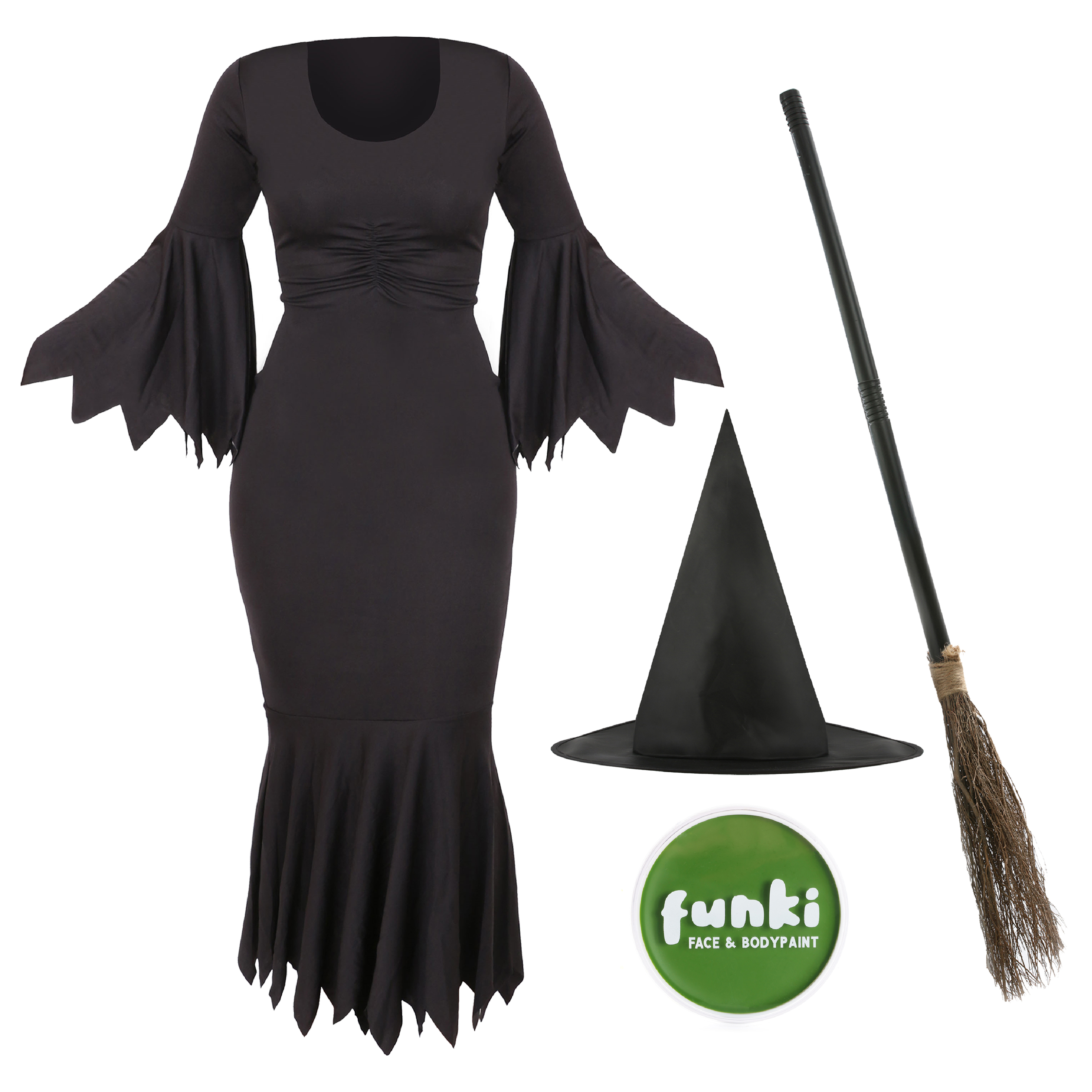 Ladies Witch Costume - Dress Hat, Broom & Green Face Paint