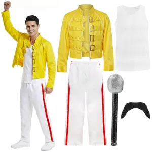 Adults 80's Rock Star Costume | 5 Pcs | Yellow Jacket, Vest, White Trousers, Tash & Mic