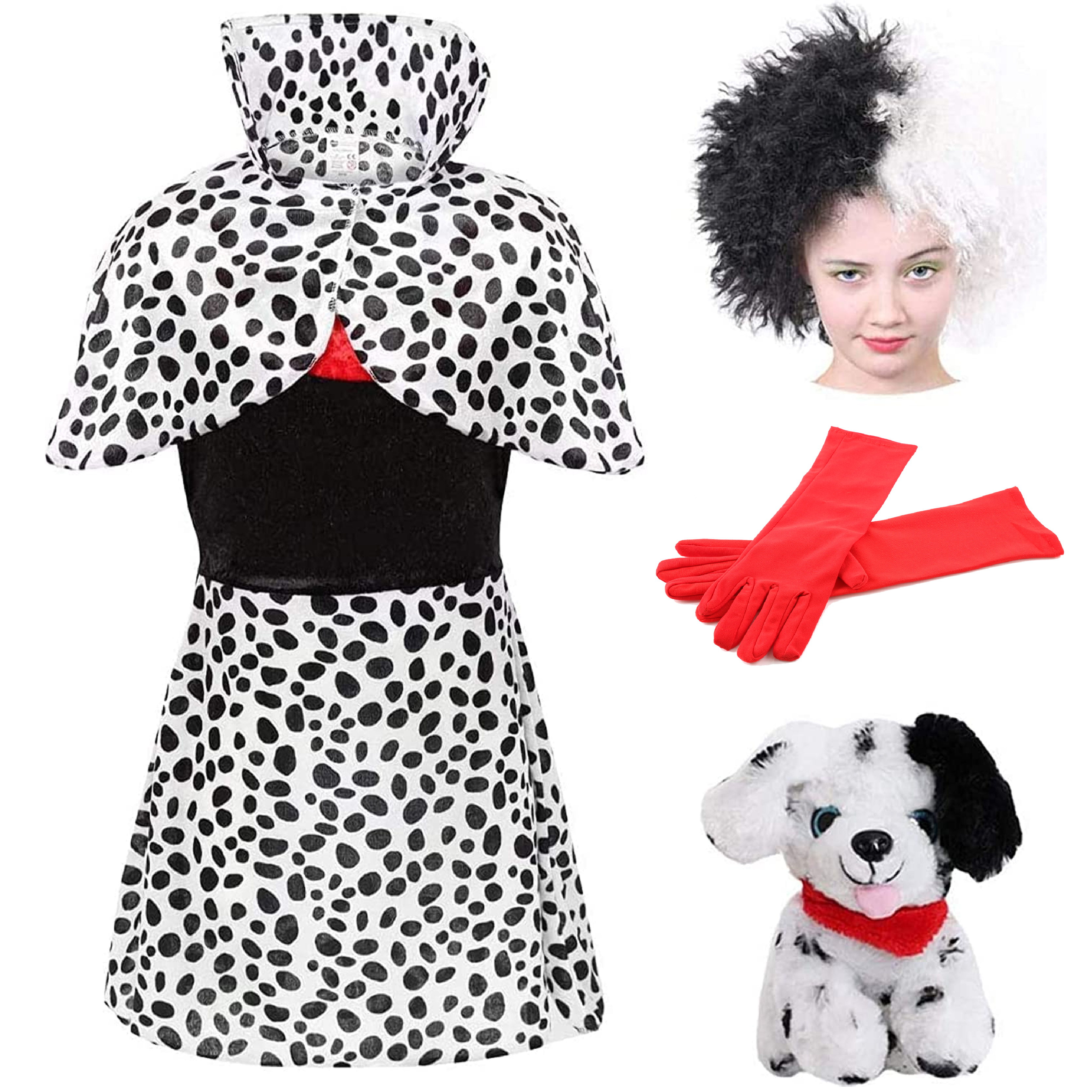 Child's Evil Dog Lady Costume - Gloves, Wig & Dalmatian Dog