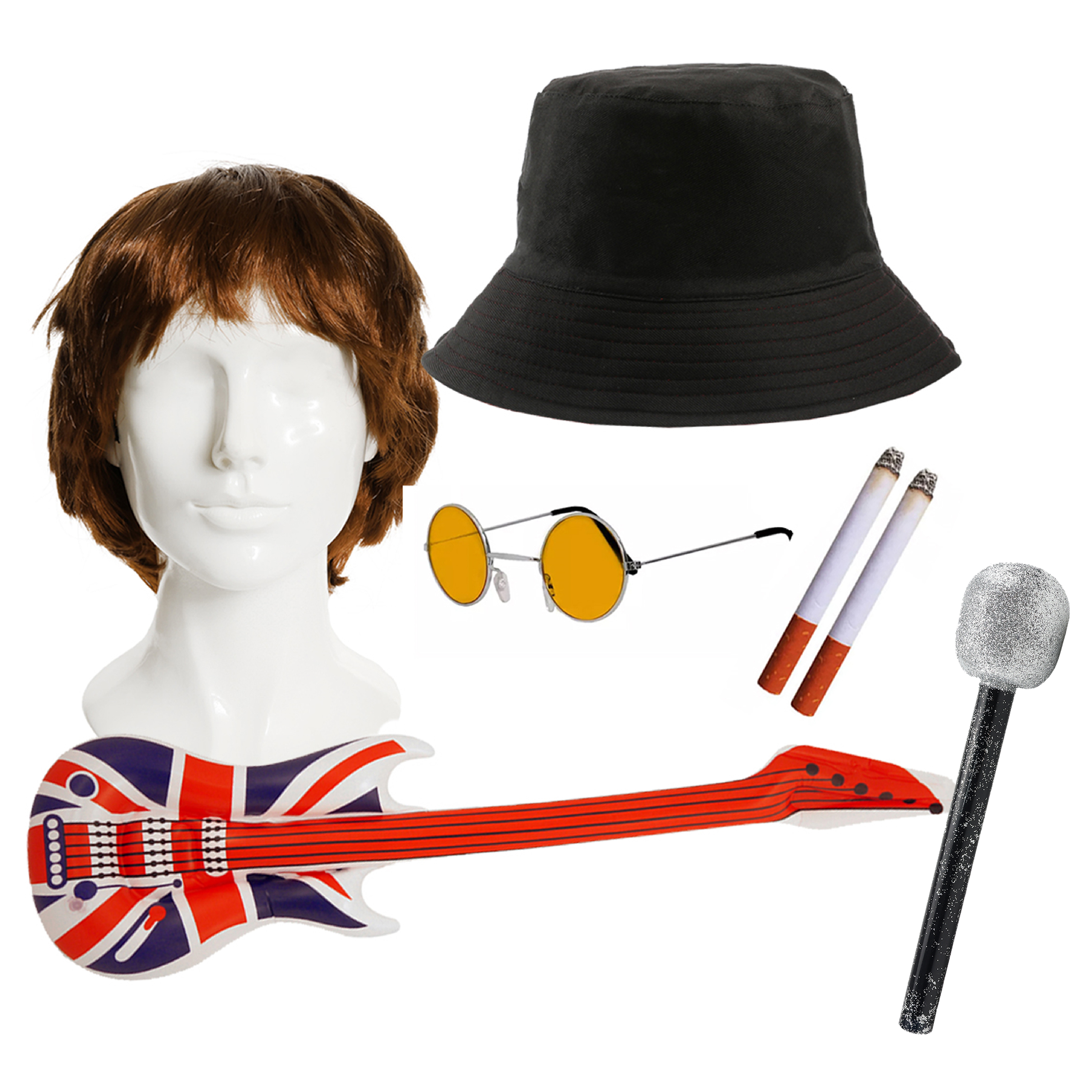 Liam Gallagher Accessory Set - Hat, Wig, Glasses, Guitar, Fake Cigs + Mic