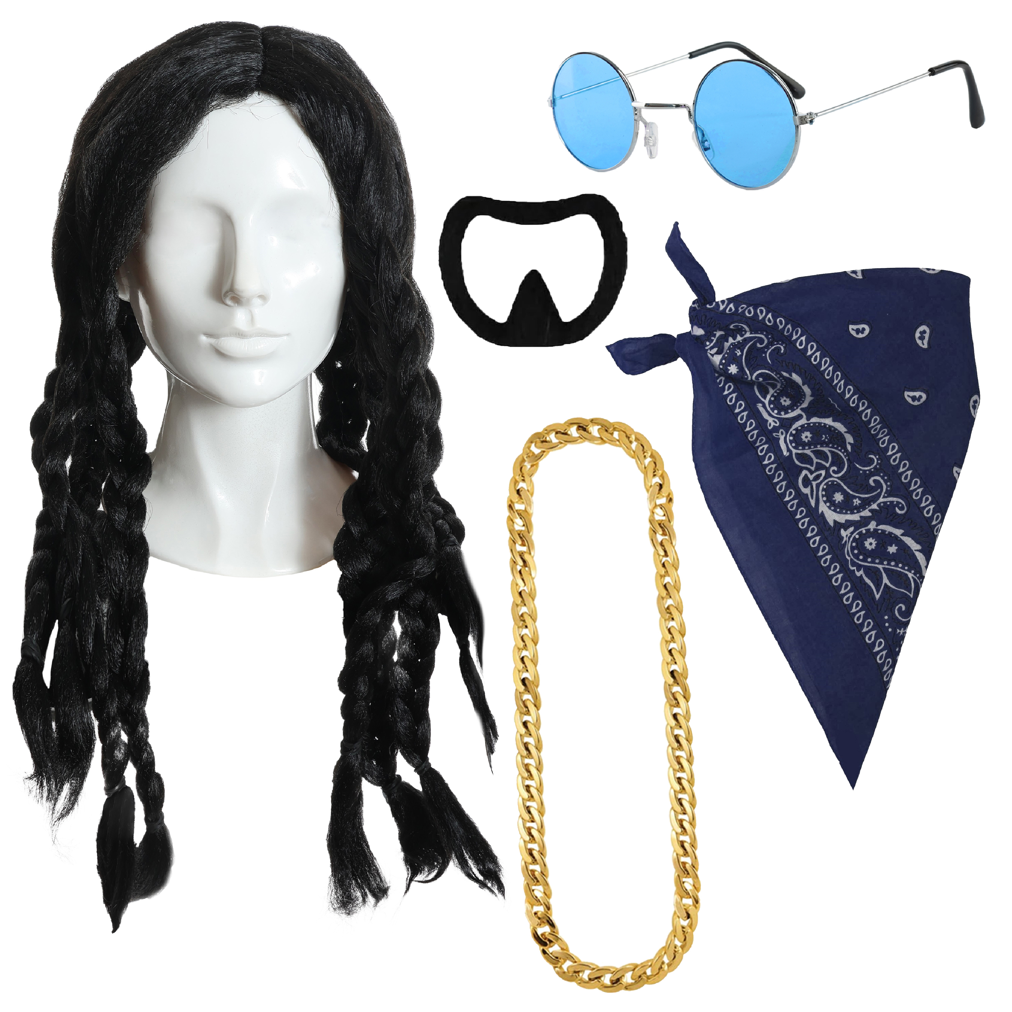 Snoop Accessory Set | 5 Pcs | Wig, Chain, Glasses, Goatee Beard & Bandanna