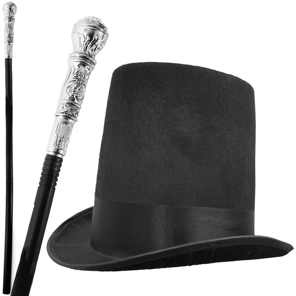 Top Hat & Cane Set | Stovepipe Hat & Silver Cane