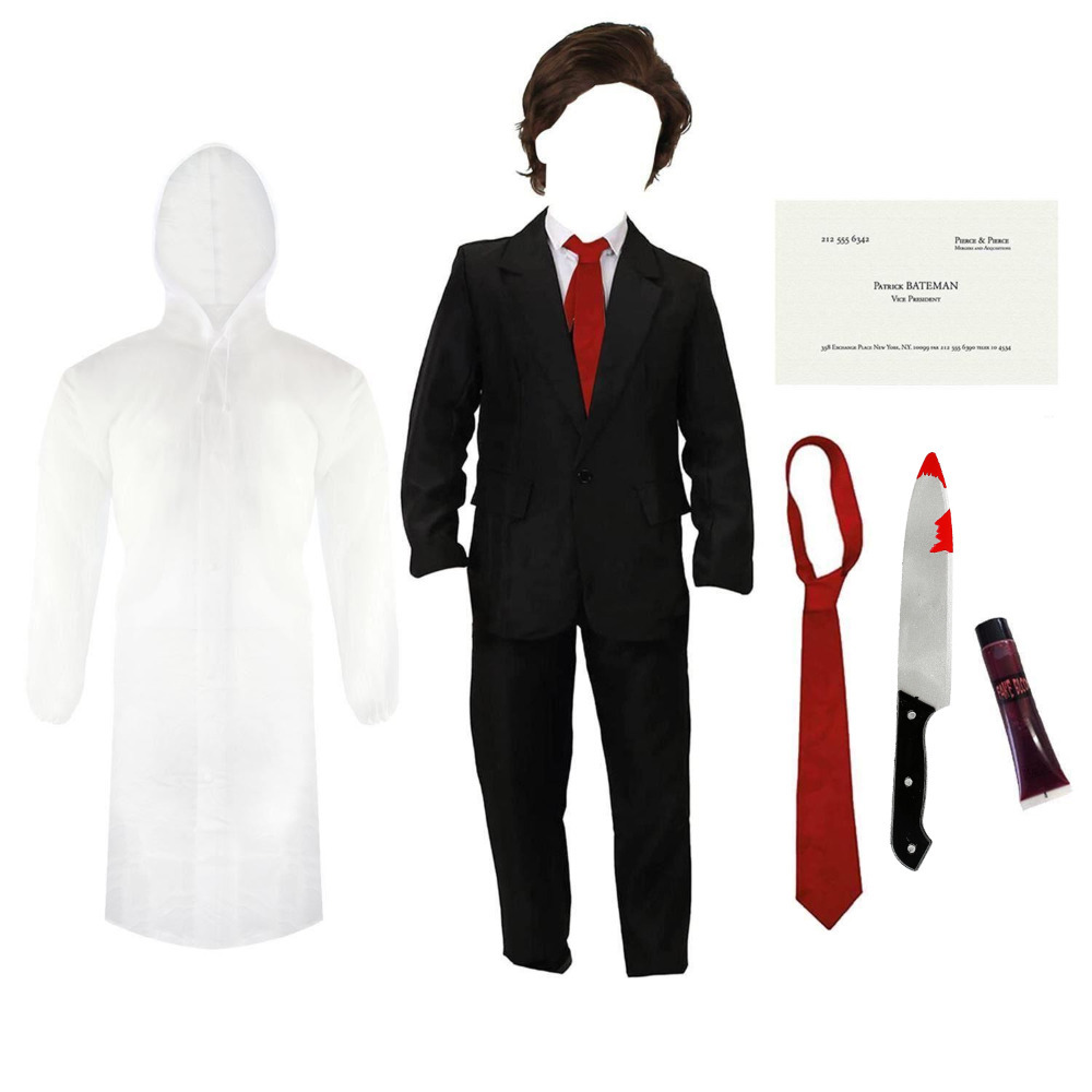Adults Patrick Bateman Costume | 7 Pcs | Clear Jacket, Suit, Wig, Knife, Red Tie, Blood & Business Card