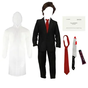 Adults Patrick Bateman Costume | 7 Pcs | Clear Jacket, Suit, Wig, Knife, Red Tie, Blood & Business Card