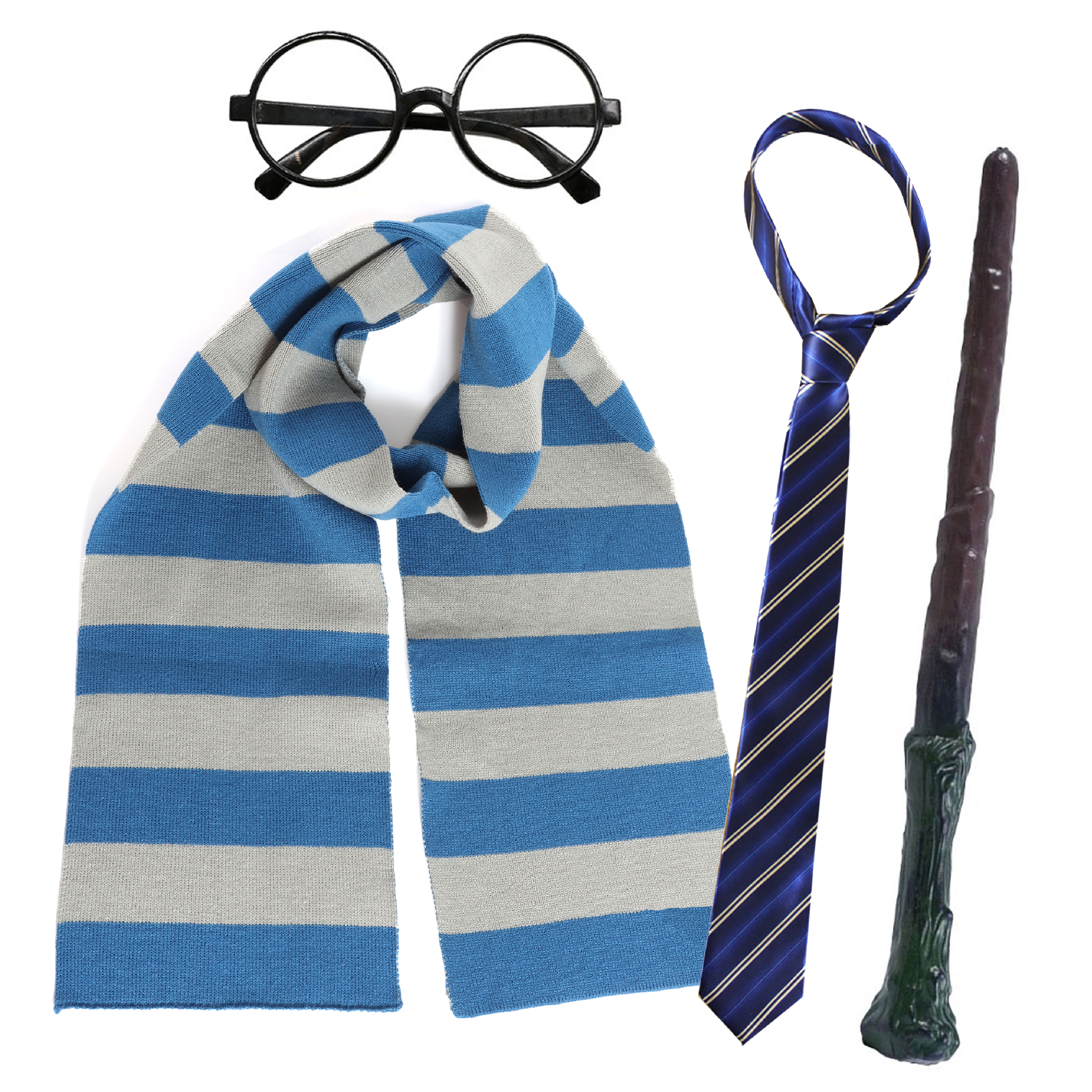 Blue & Grey Wizard Set - Scarf, Tie, Wand & Glasses