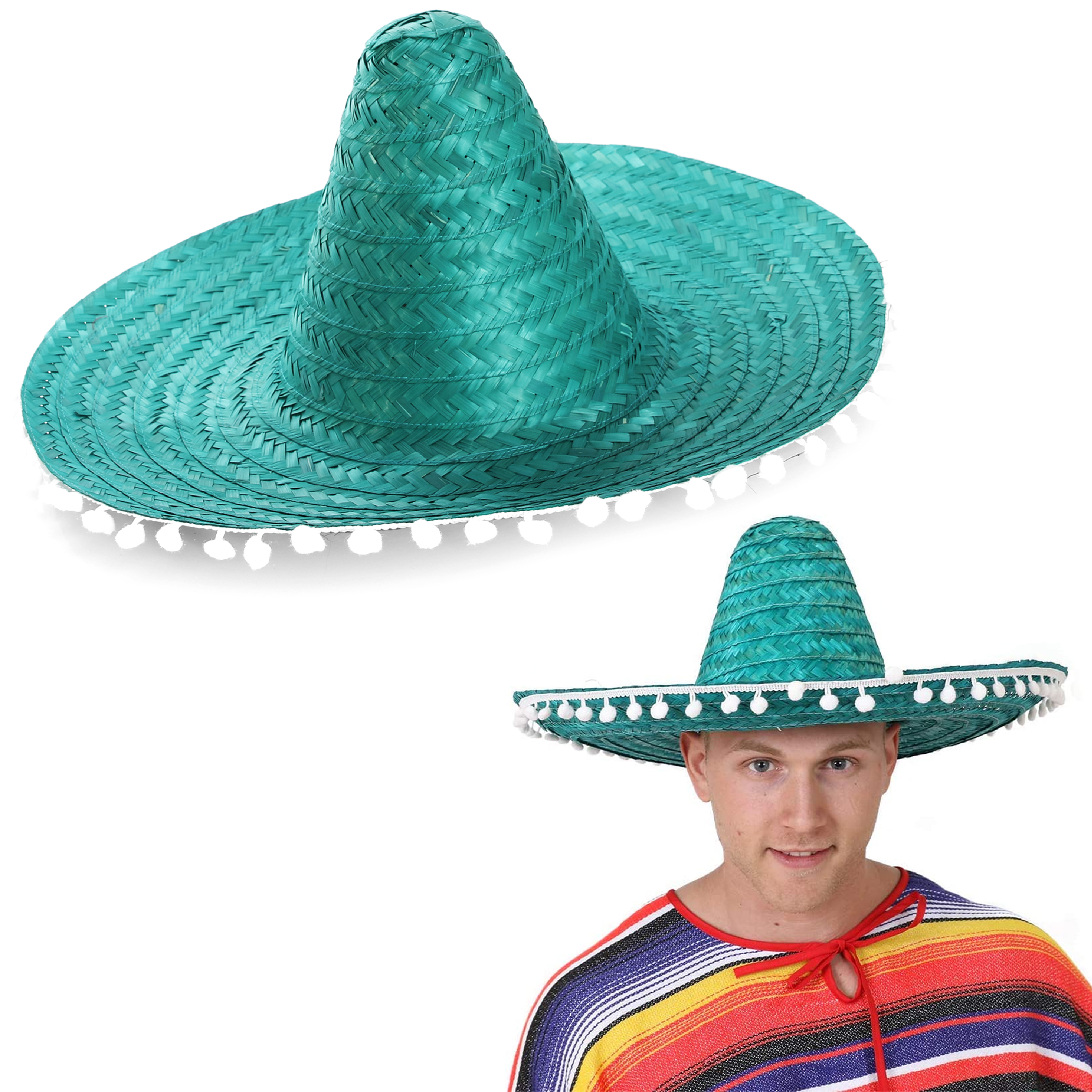 Green Mexican Sombrero with Pom Pom Edging