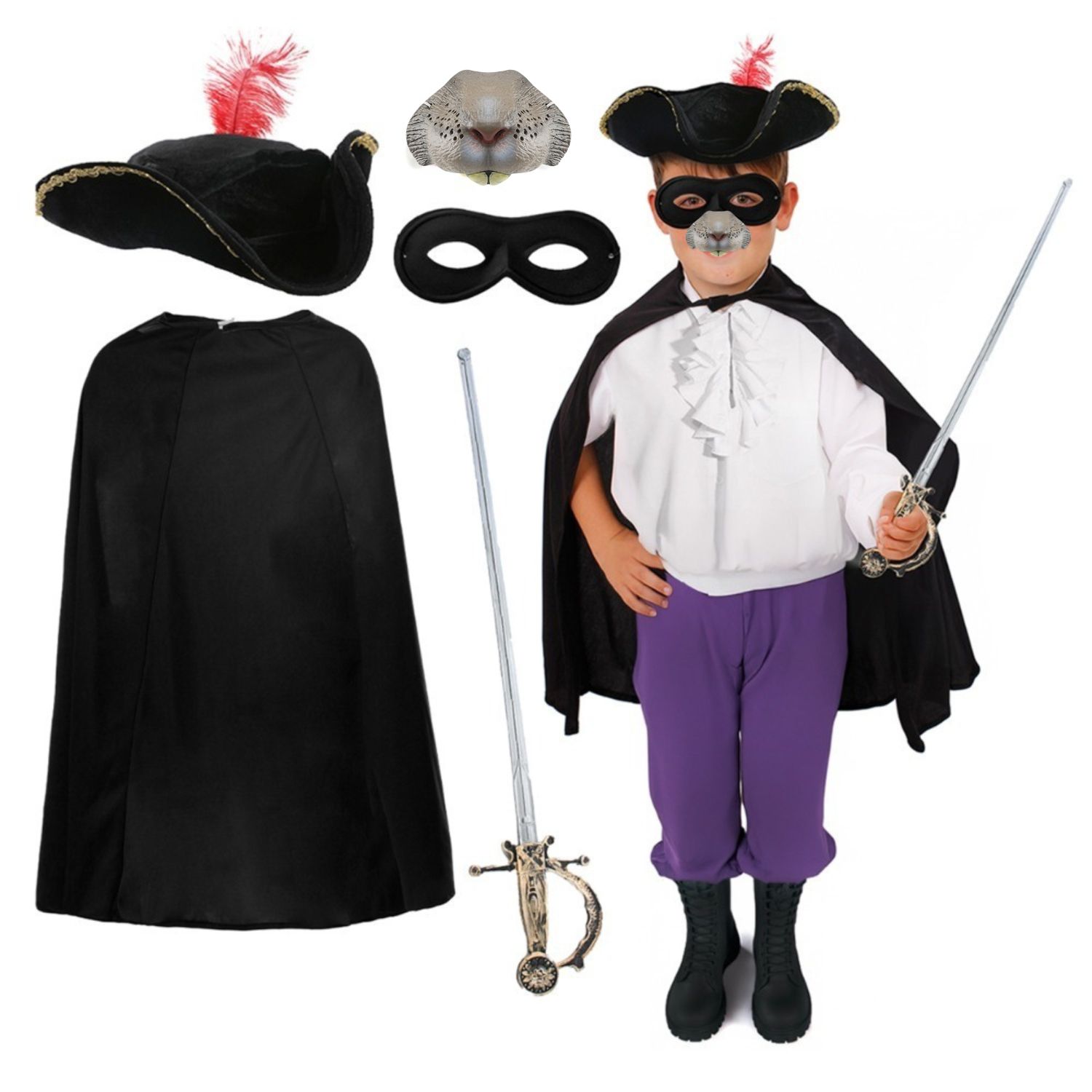 Childs Highway Rodent Costume | 5 Pcs | Cape, Feather Tricorn Hat, Mask, Nose & Sword