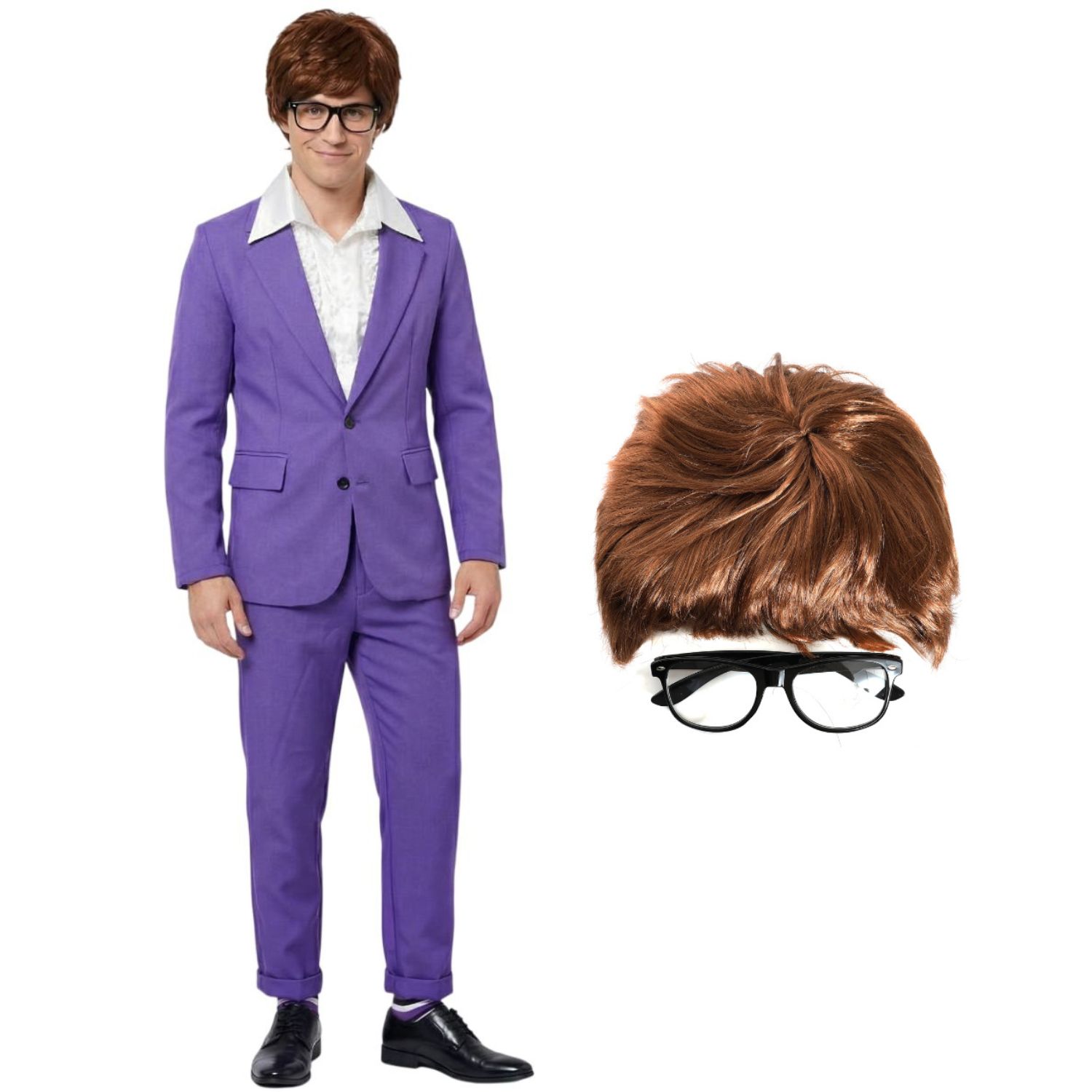 Adults Groovy Spy Costume | 5 Pcs | Purple Jack Jacket, Shirt, Trousers, Wig & Glasses