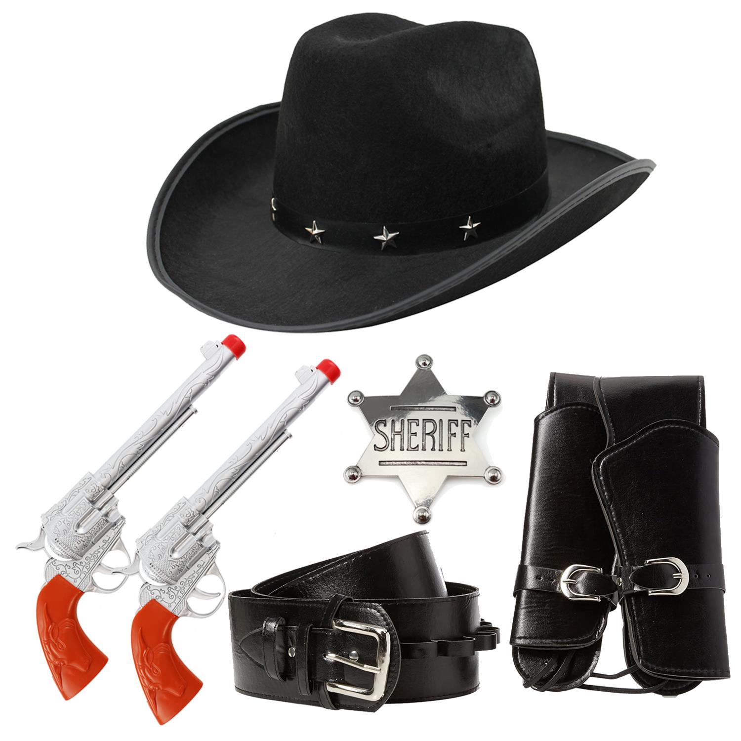 Adults Cowboy Accessory Set | 4 Pcs | Black Studded Hat, Plastic Pistols, Badge & Holster