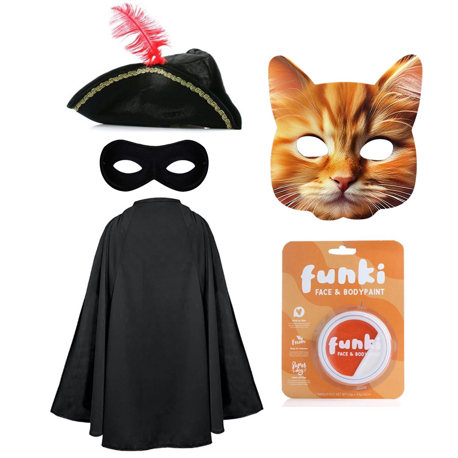 Adults Cat Bandit Costume | 5 Pcs | Cape, Hat, Black Mask, Cat Mask, Orange & White Face Paint