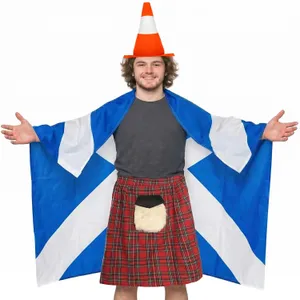 Adults Scotland Supporter Costume Set | 3 Pcs | Kilt, Cone Hat & Flag Cape