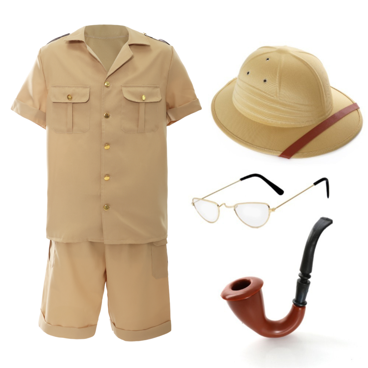 Adults Safari Explorer Costume | 5 Pcs | Top, Shorts, Pith Hat, Glasses & Pipe
