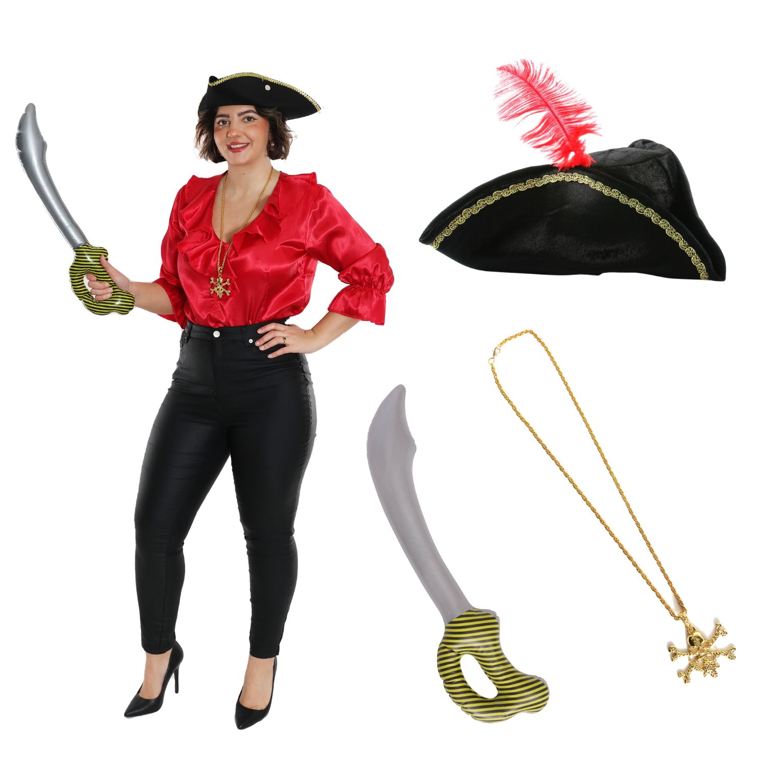Ladies Pirate Costume Set | 4 Pcs | Red Blouse, Hat, Inflatable Sword & Gold Necklace