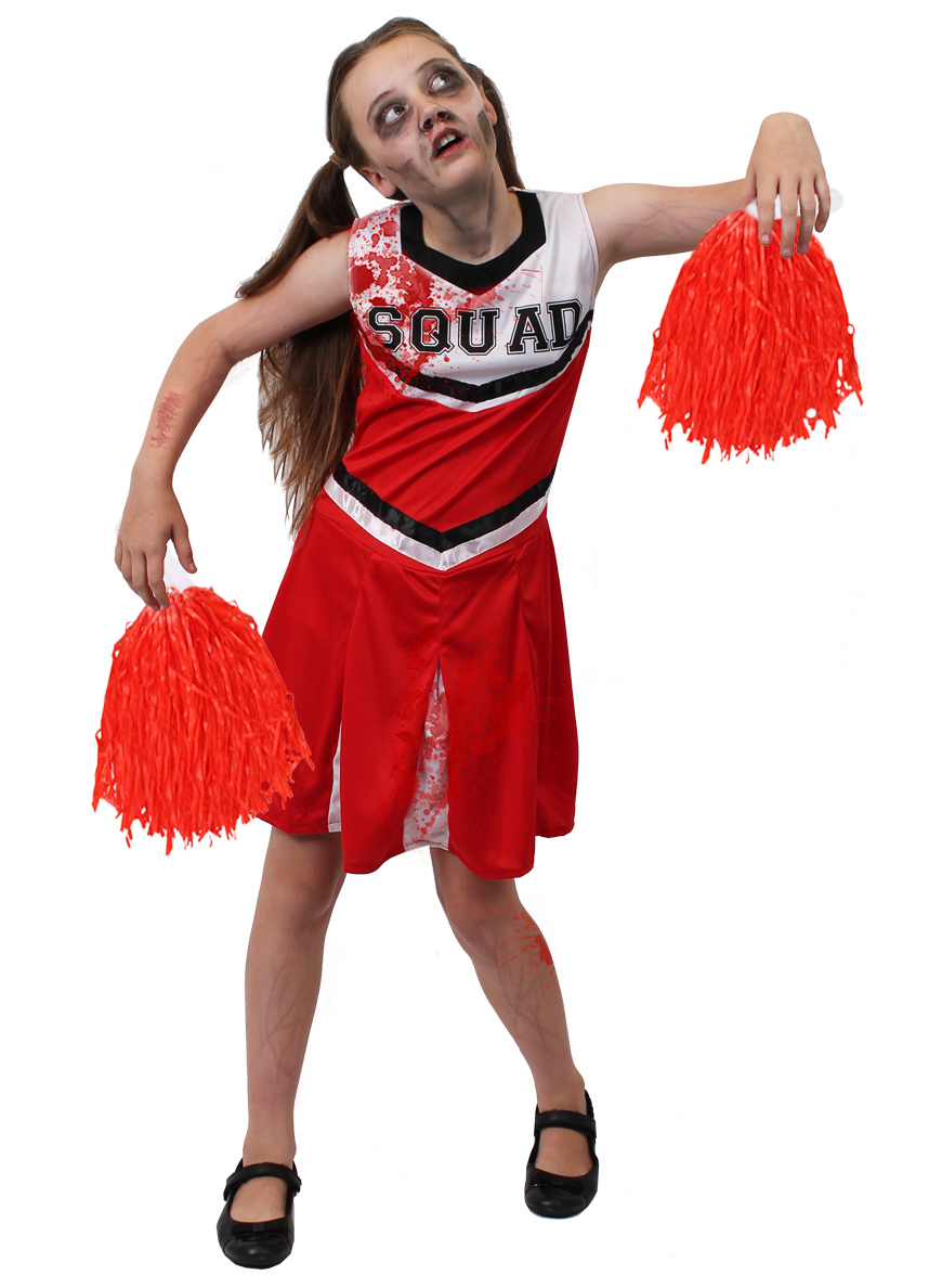 Girls Red Zombie Cheerleader Halloween Fancy Dress Costume with Pom Poms