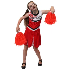 Girls Red Zombie Cheerleader Halloween Fancy Dress Costume with Pom Poms