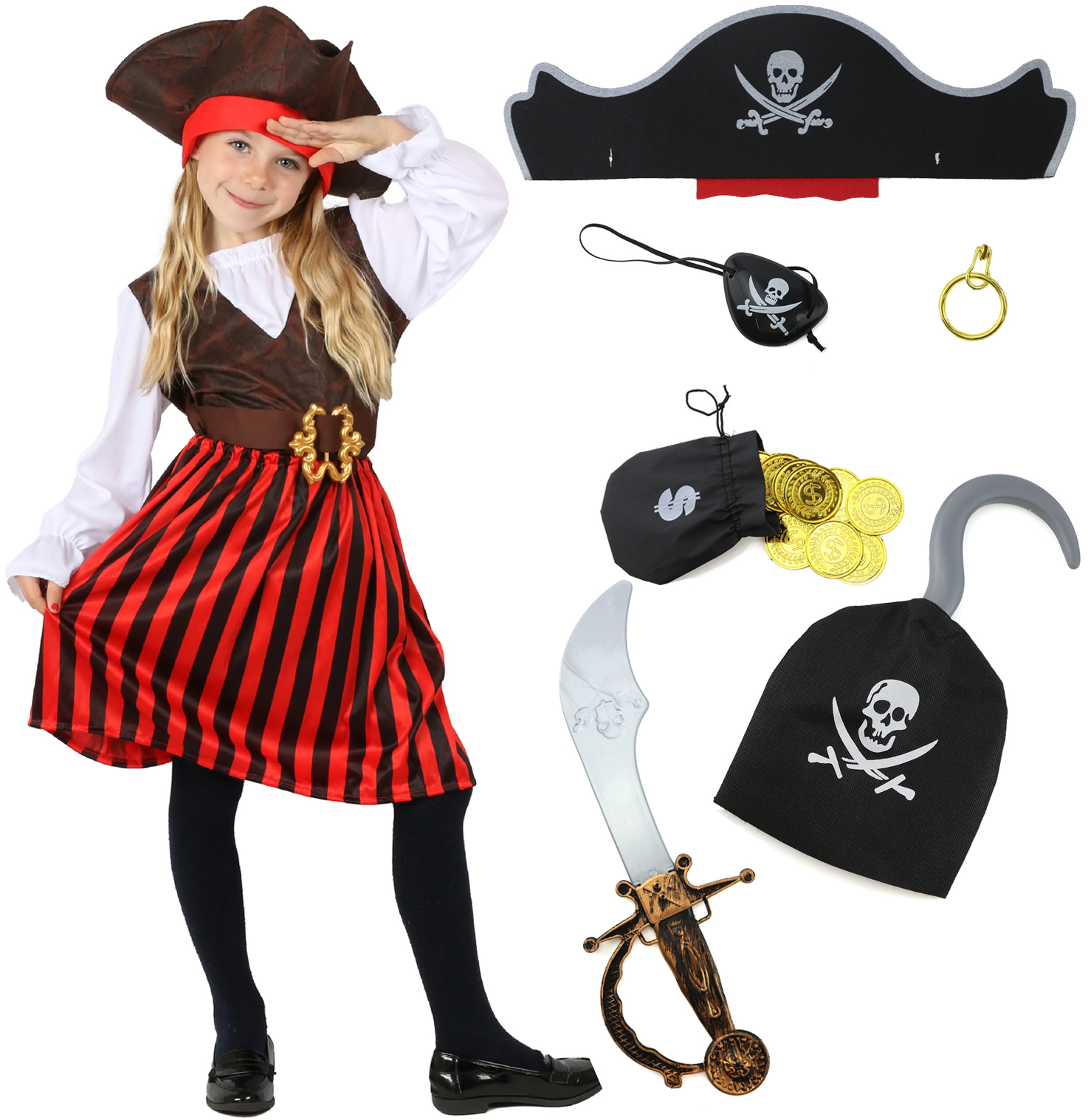 Girls Pirate Costume | 8 Pcs | Dress, Hats. Eye Patch, Earing, Coins, Hook & Sword