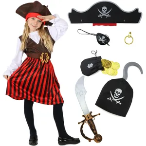 Girls Pirate Costume | 8 Pcs | Dress, Hats. Eye Patch, Earing, Coins, Hook & Sword