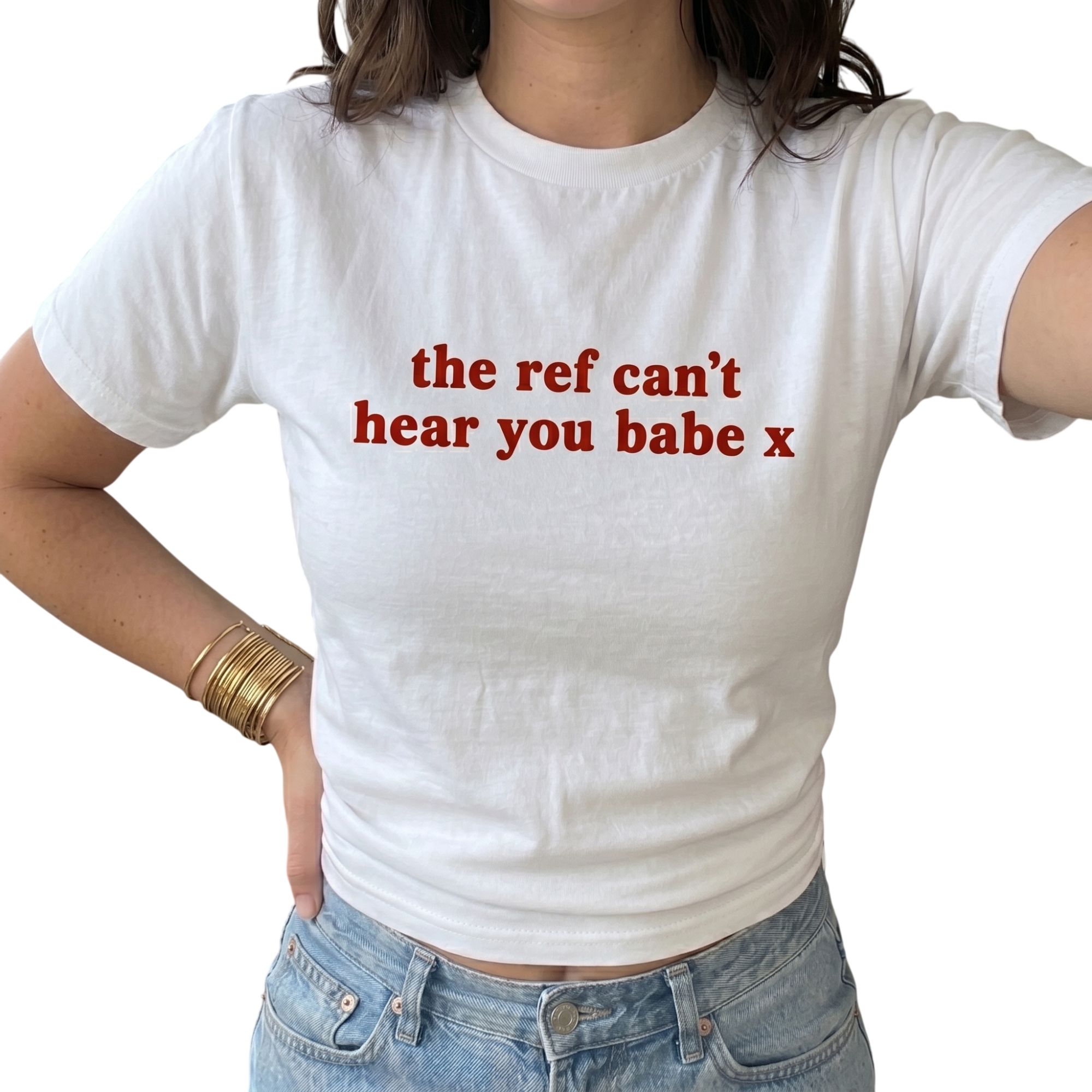Ladies “The Ref Can’t Hear You Babe” Baby Tee | Women’s Funny Football Supporter Tee | White Slogan Top
