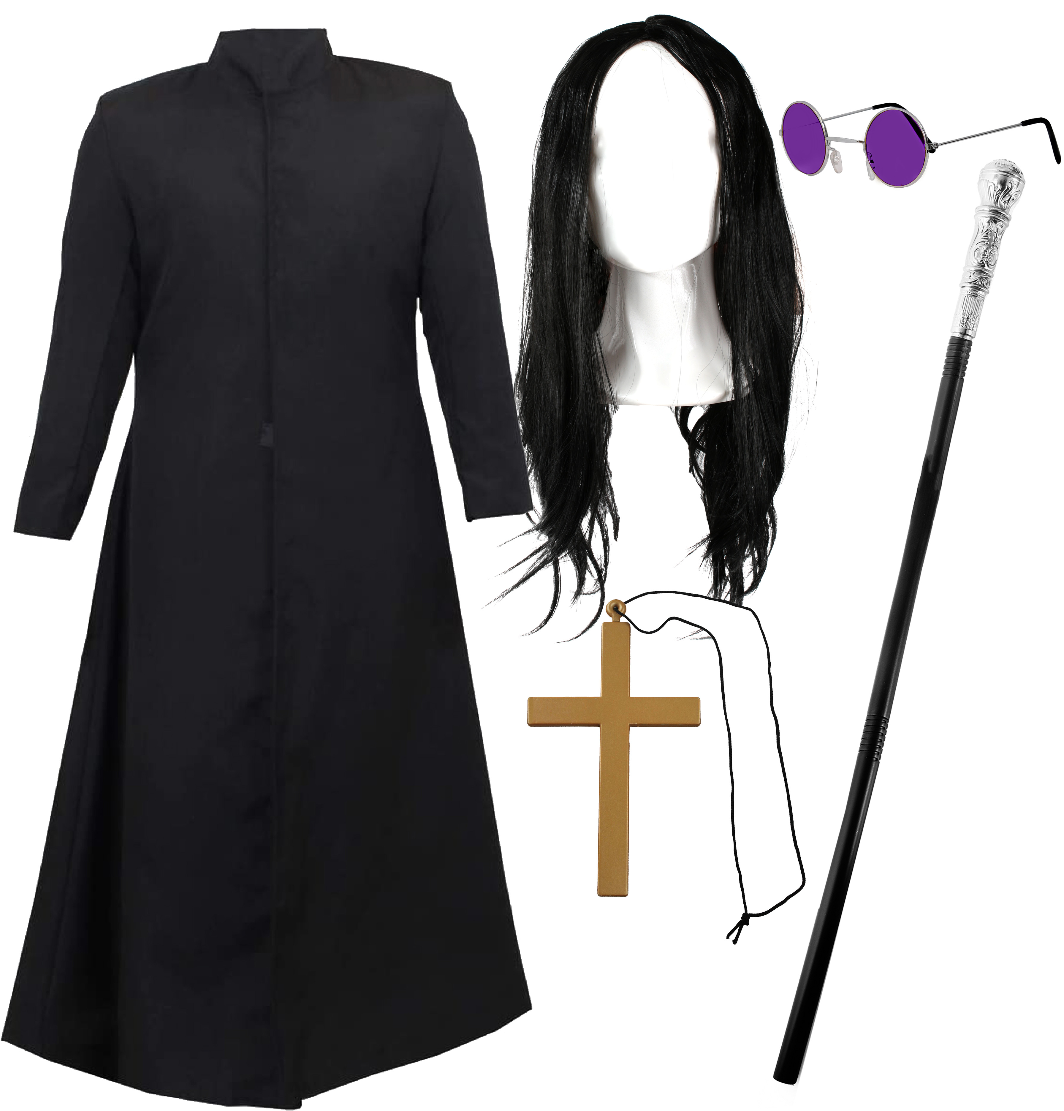 Prince of Darkness Costume | 5 Pcs | Duster Jacket, Wig, Glasses, Cane & Cross Necklace