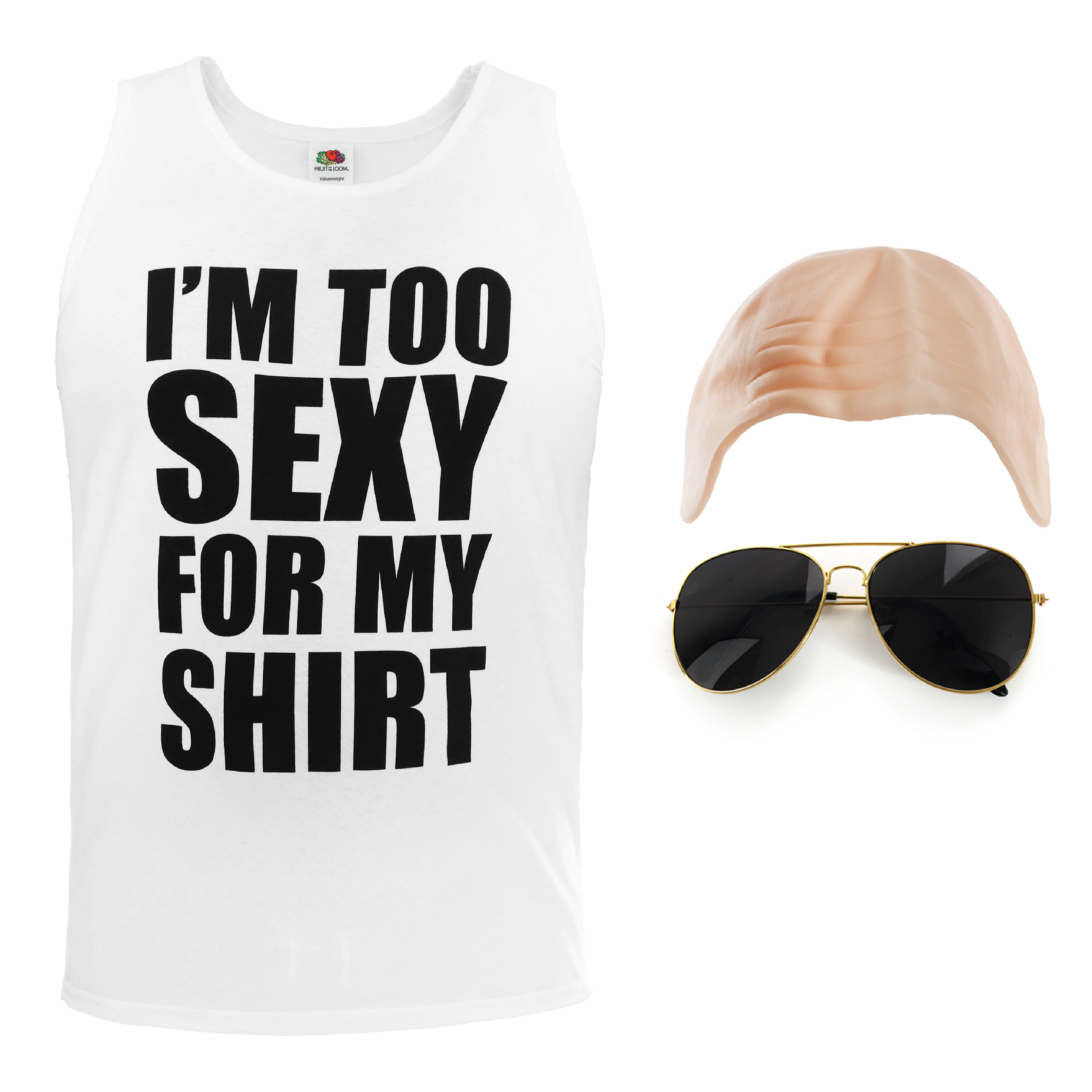 "I'm Too Sexy for My Shirt" Costume – White Vest, Bald Cap & Aviator Sunglasses (Adults)