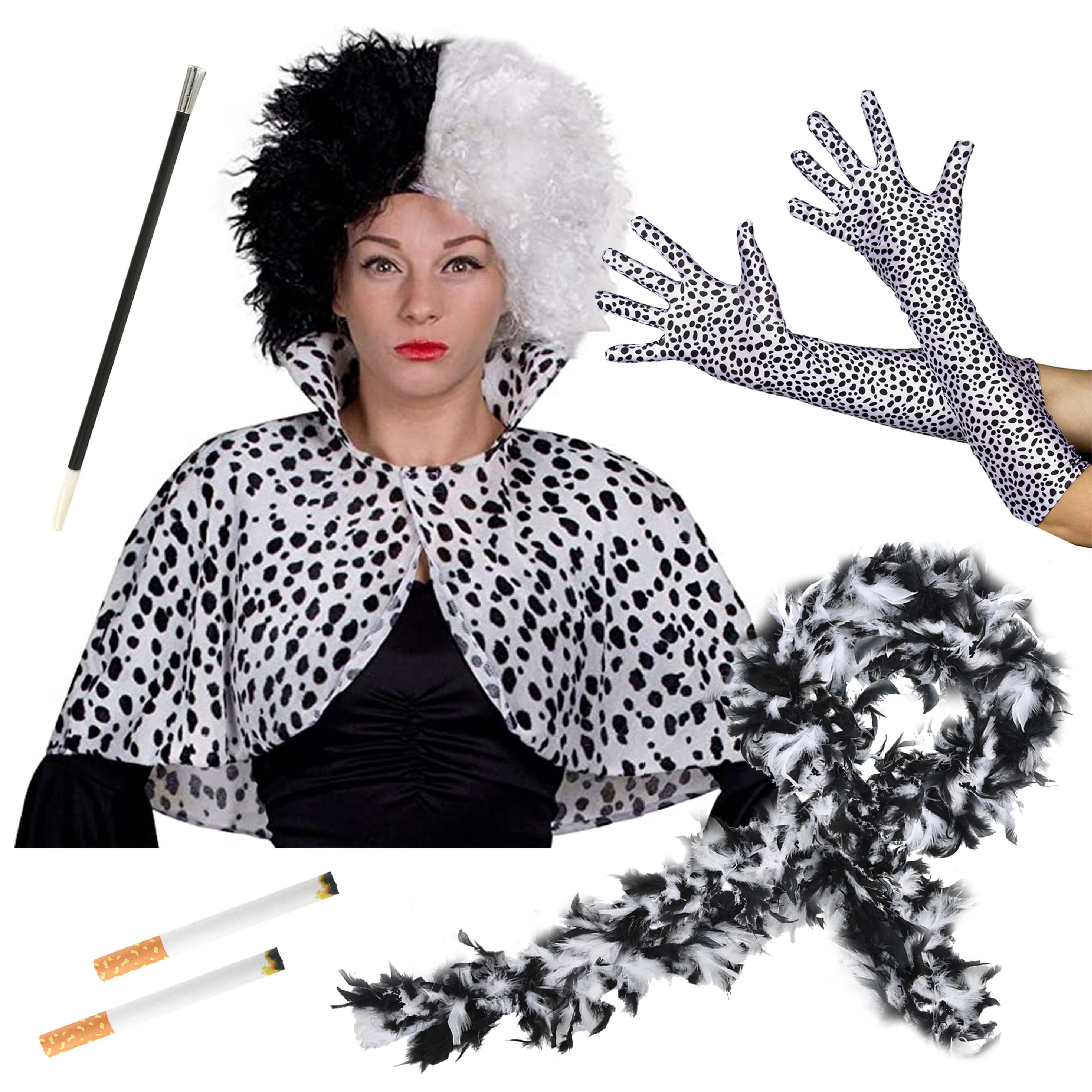 Evil Dog Lady Accessory Set - Cape, Crimped Wig, Dalmatian Gloves, Fake Cigarettes & Feather Boa