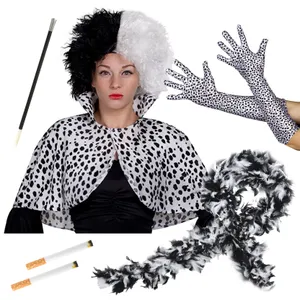 Evil Dog Lady Accessory Set - Cape, Crimped Wig, Dalmatian Gloves, Fake Cigarettes & Feather Boa