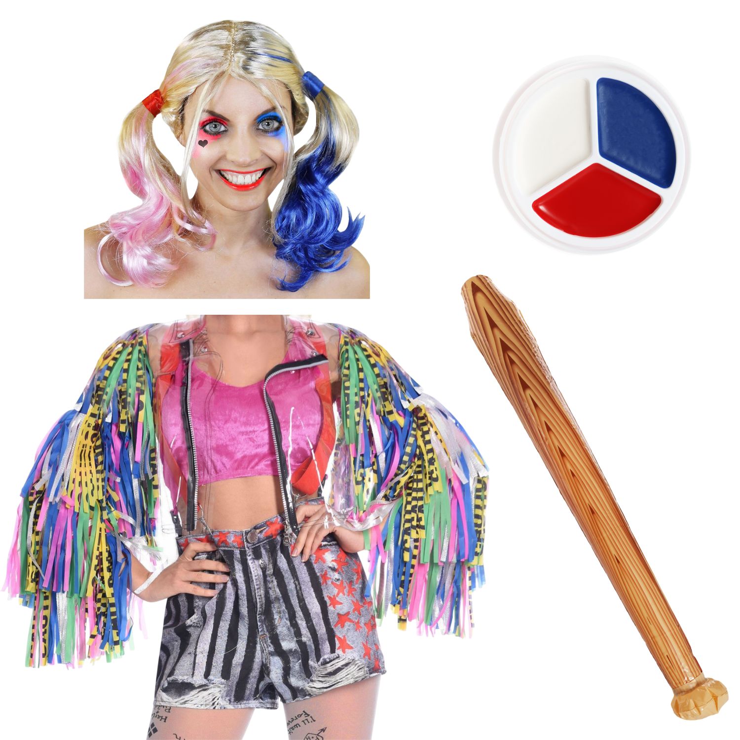Official Licensed Harley Quinn Costume | 4 Pcs | Jacket, Wig, Face Paint & Inflatable Bat