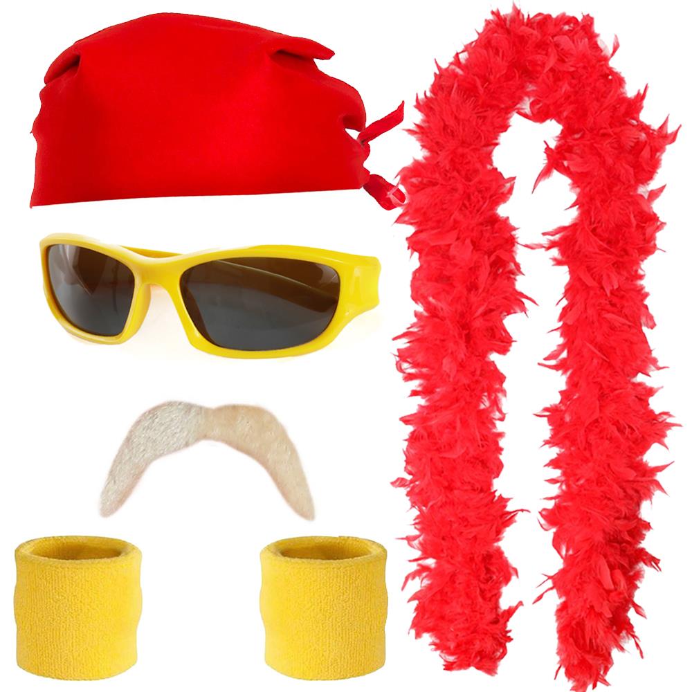 Hulk Hogan Wrestling Costume Accessory Set – Bandana, Sunglasses, Moustache, Sweat Bands & Red Feather Boa