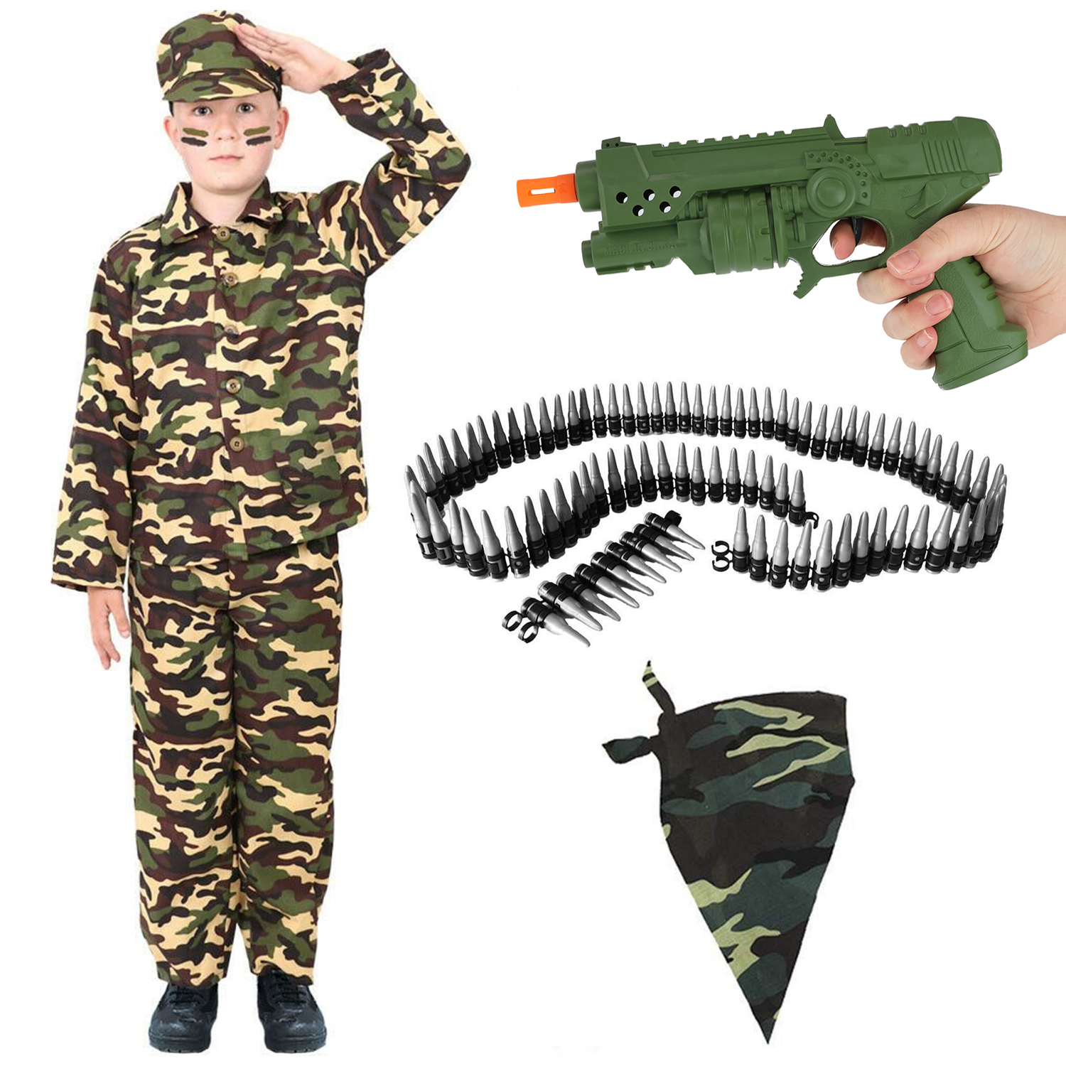 Boy's Army Costume with Toy Gun, Bandana & Bullet Belt