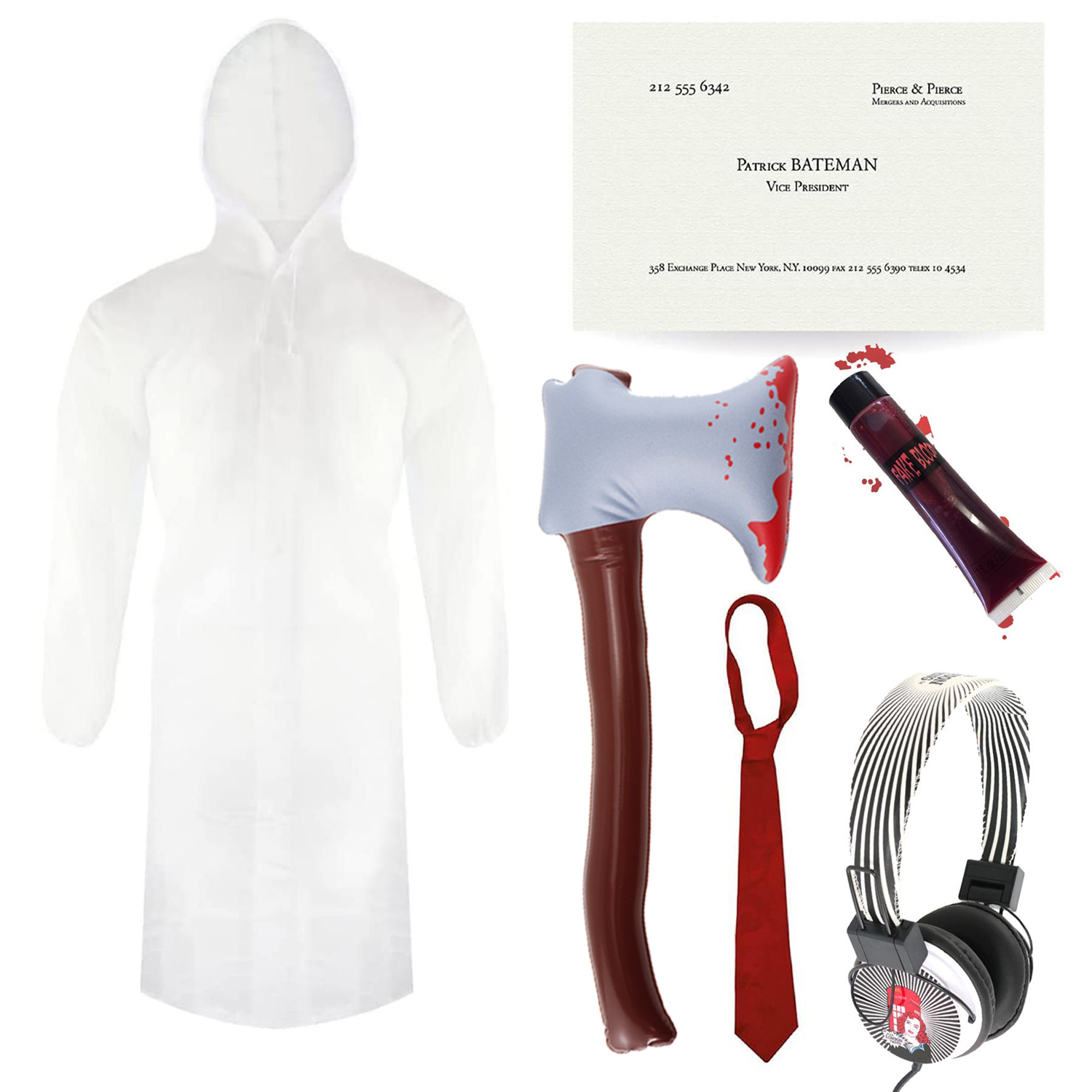 Adults Patrick Bateman Costume | 6 Pcs | Clear Jacket, Wig, Inflatable Axe, Red Tie, Blood, Business Card & Headphones