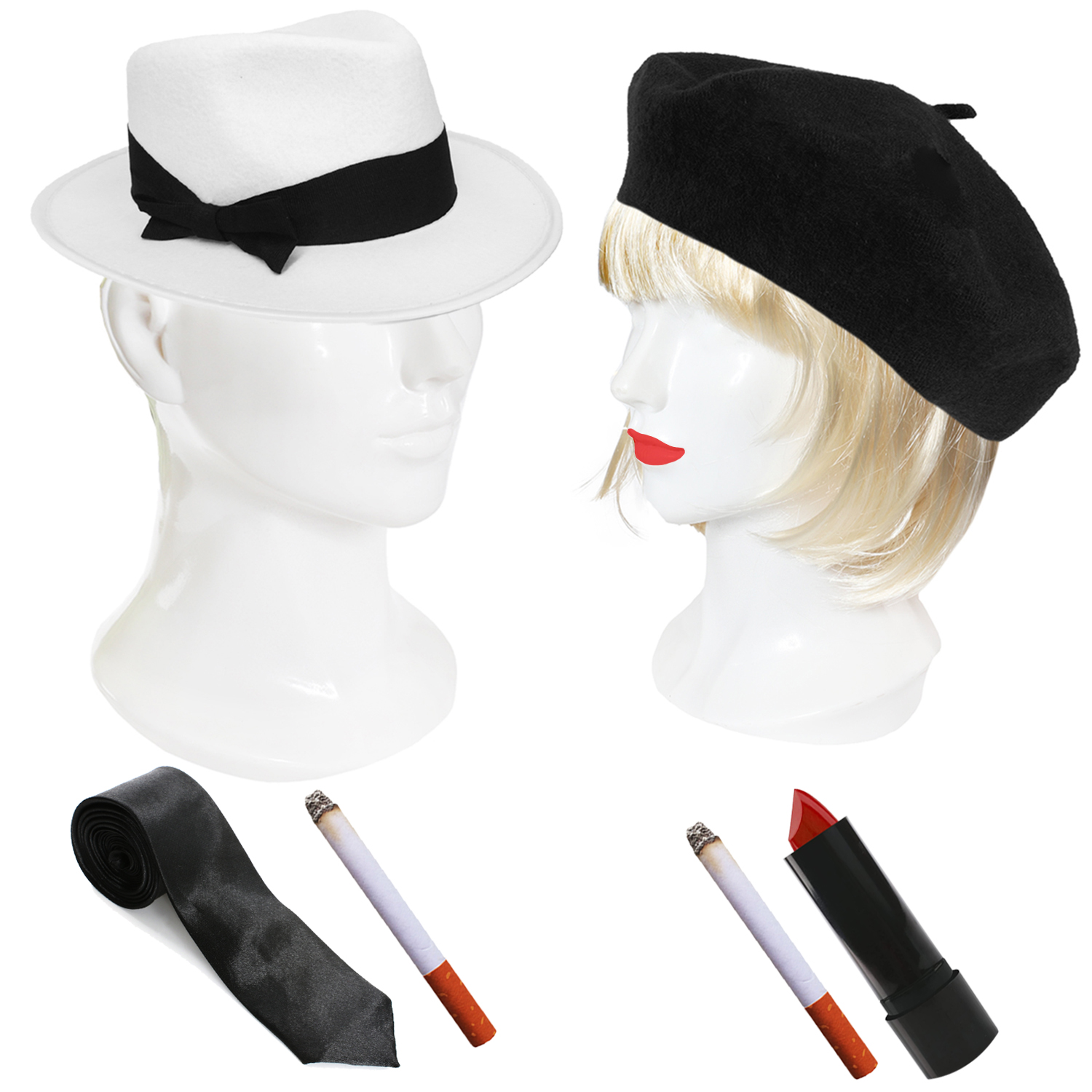 BONNIE AND CLYDE COSTUME ACCESSORY SET - BLACK BERET, BLONDE BOB WIG, WHITE TRILBY / FEDORA, 2 FAKE CIGARETTES, BLACK TIE & RED LIPSTICK