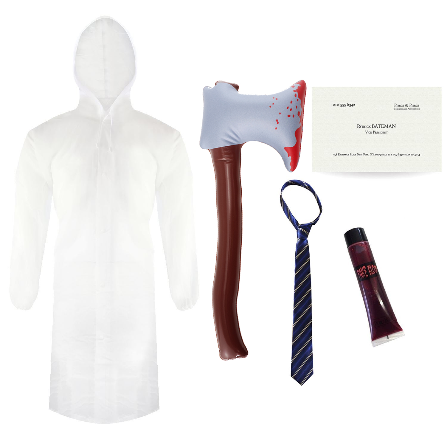 Adults Patrick Bateman Costume | 5 Pcs | Clear Jacket, Inflatable Axe, Blue Tie, Blood & Business Card