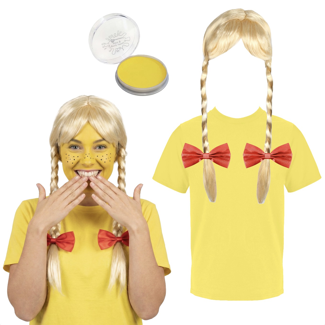 Ladies Sunshine Costume | 4 Pcs | T-Shirt, Plait Wig, Bows & Face Paint