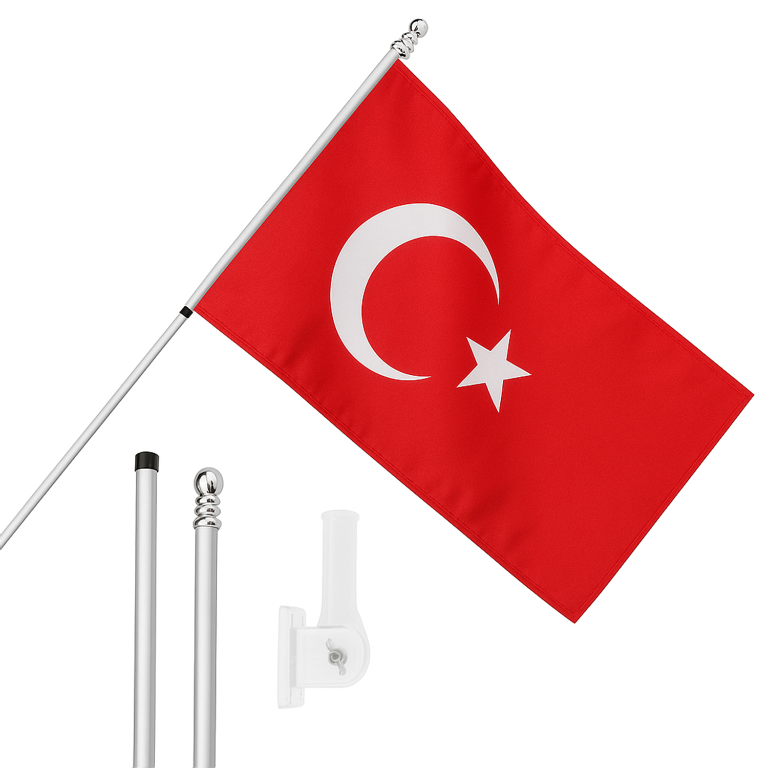 Large 5ft X 3ft Turkey Flag with 6ft Pole & Wall Bracket