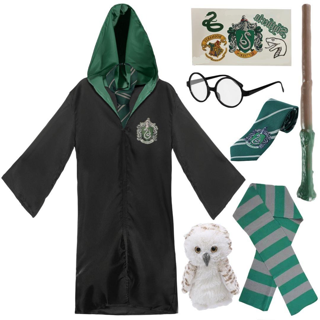 Kids Harry Potter Costume | 7 Pcs | Slytherin Cloak, Tie, Tattoos, Wand, Glasses, Scarf & Owl