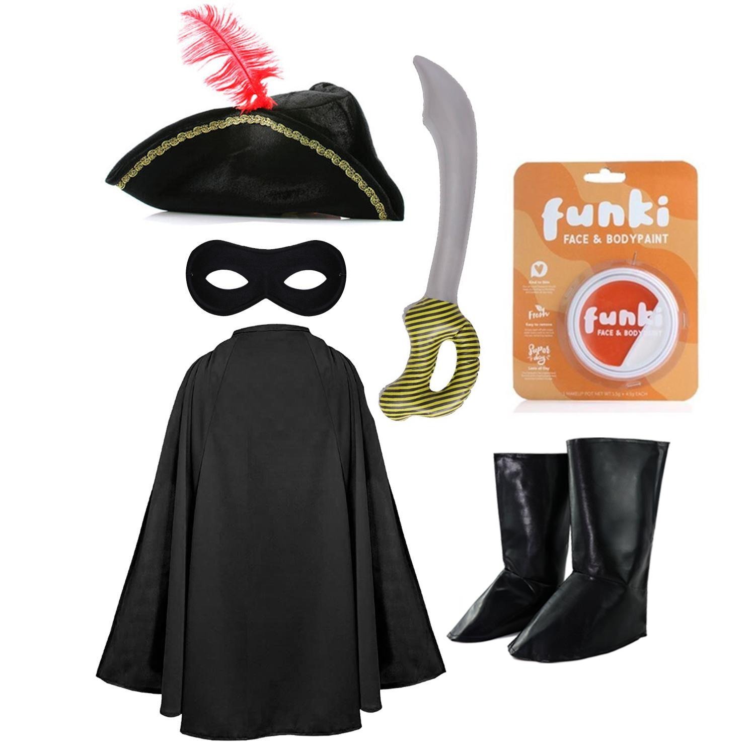 Childs Cat Bandit Costume | 6 Pcs | Cape, Hat, Black Mask, Inflatable Sword, Boot Covers & Orange Face Paint