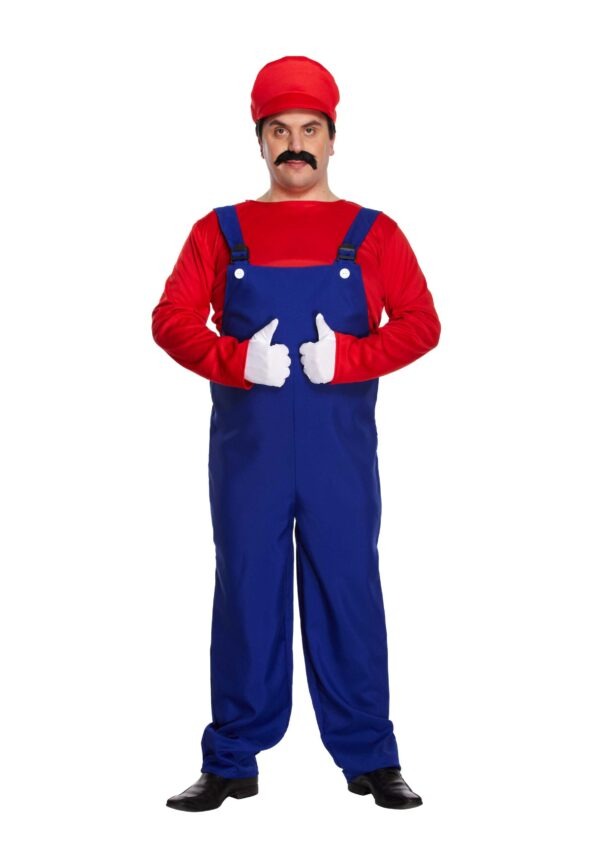 Men's Red Super Workman Costume | 3 Pcs | Dungarees, Top & Hat