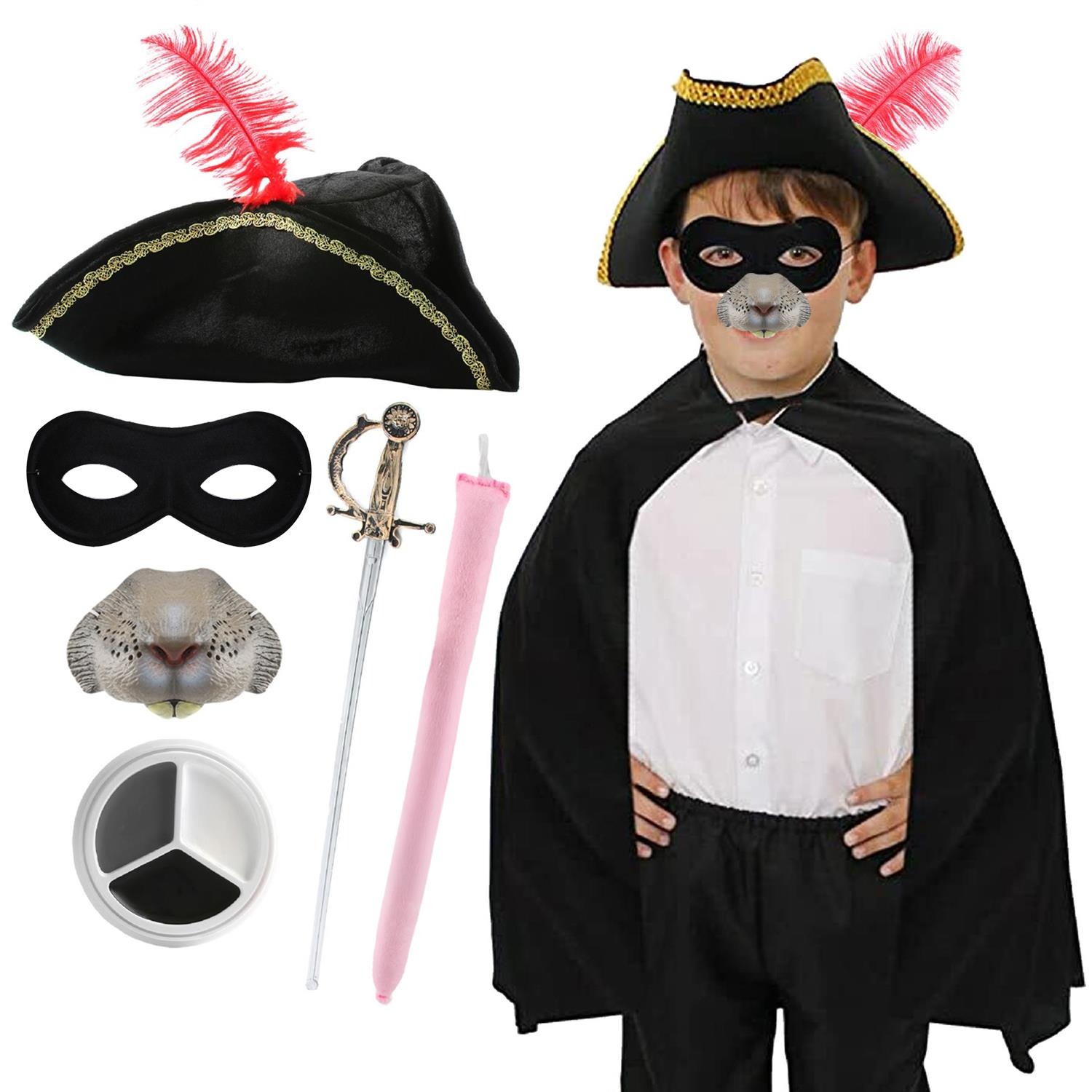 Childs Highway Rodent Costume | 7 Pcs | Cape, Feather Tricorn Hat, Nose, Mask, Sword, Face Paint & Tail