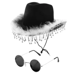 Black Cowboy Hat with Diamantes & Marabou Trim + Circular Glasses