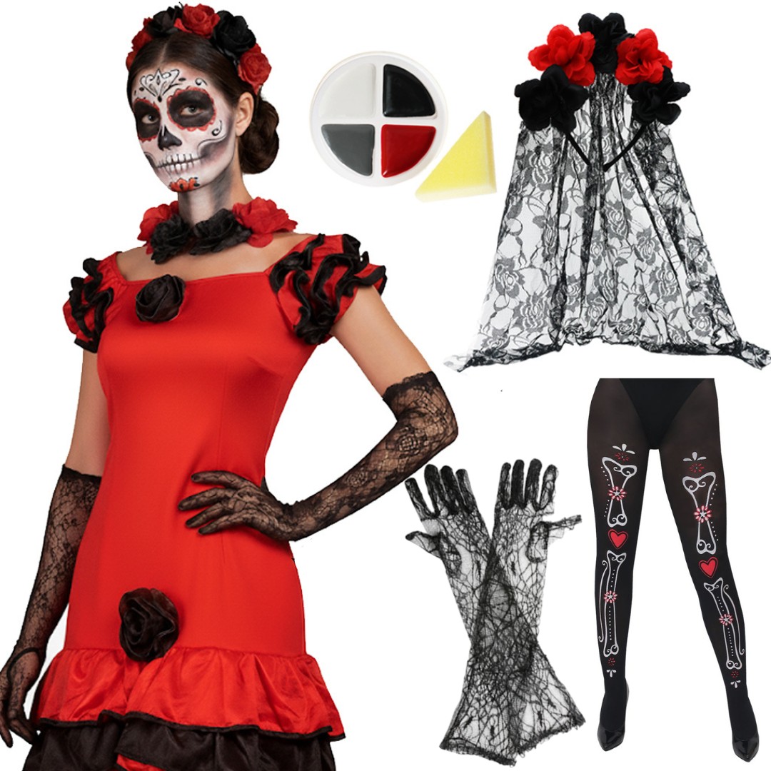 Ladies Day of The Dead Halloween Costume | 5 Pcs | Rumba Dress, Tights, Veil, Gloves & Face Paint