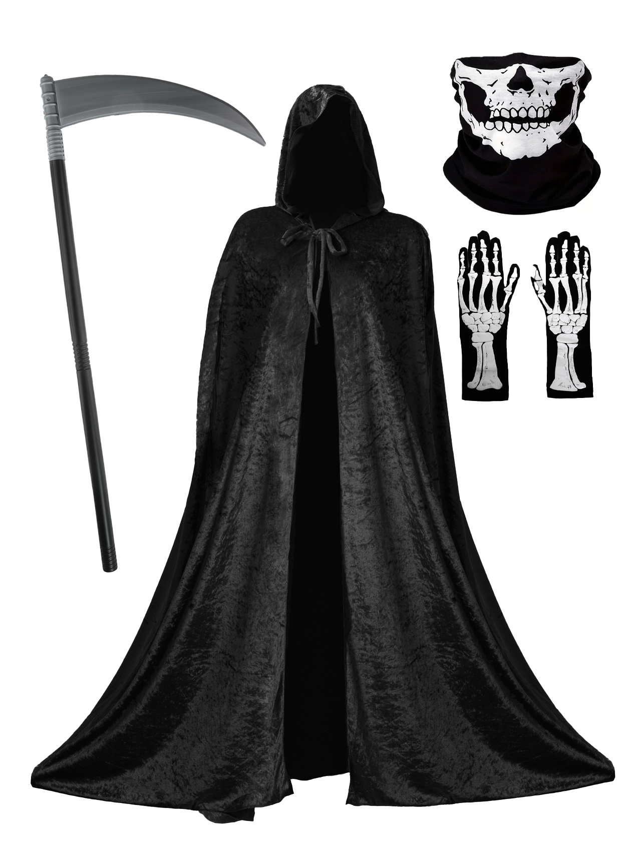 Skeleton Reaper Costume - Cape, Scythe, Skeleton Snood & Gloves