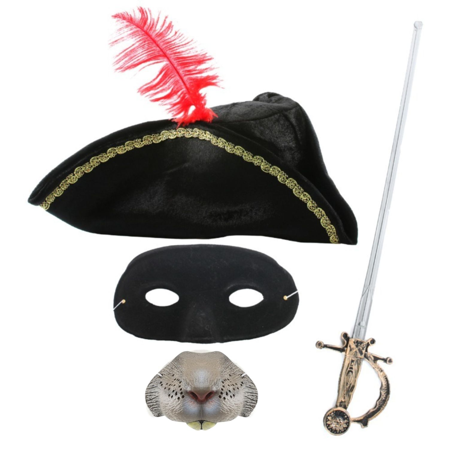 Childs Highway Rodent Accessory Set | 4 Pcs | Feather Tricorn Hat, Mask, Nose & Sword