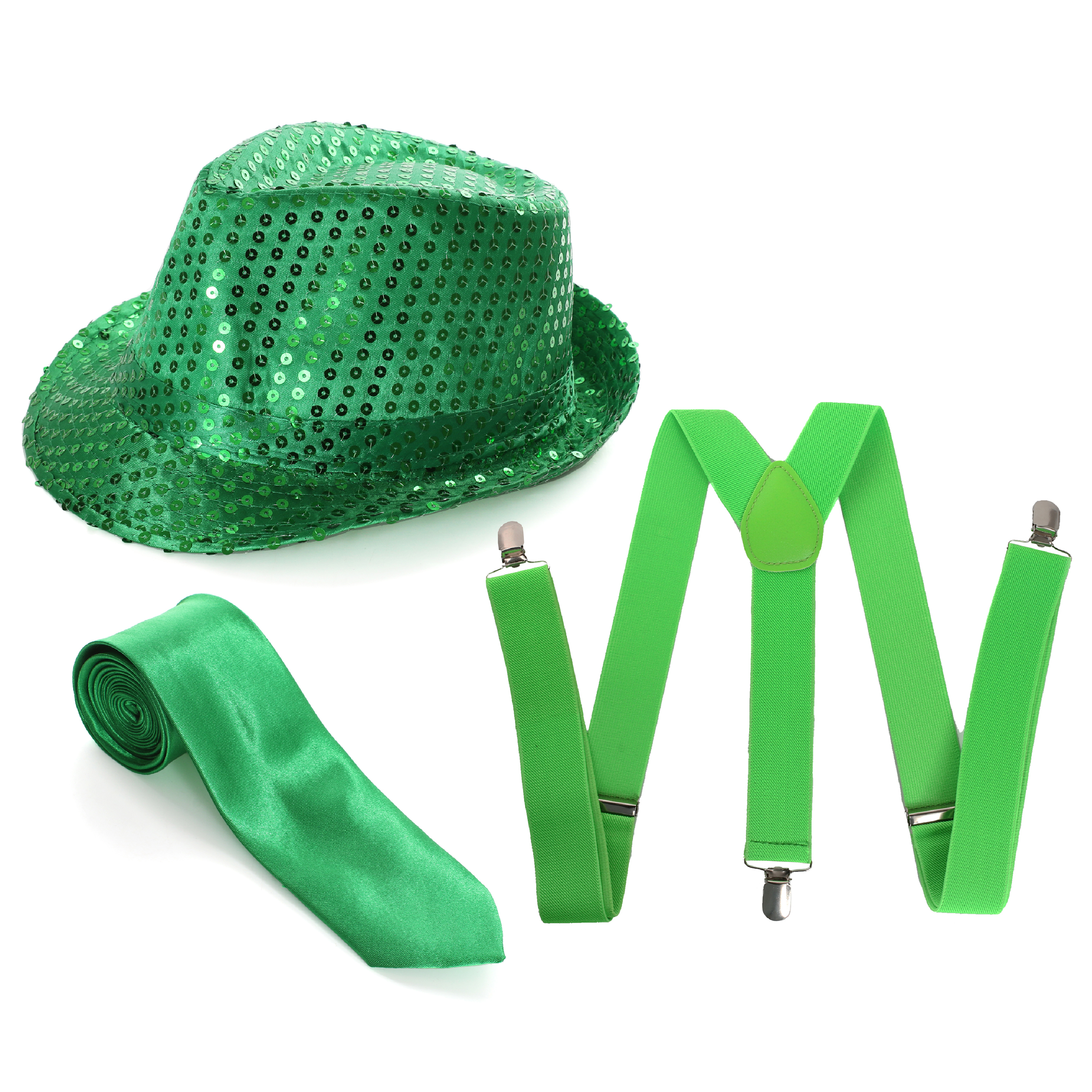 Irish Sequin Trilby Hat, Satin Tie & Green Suspenders