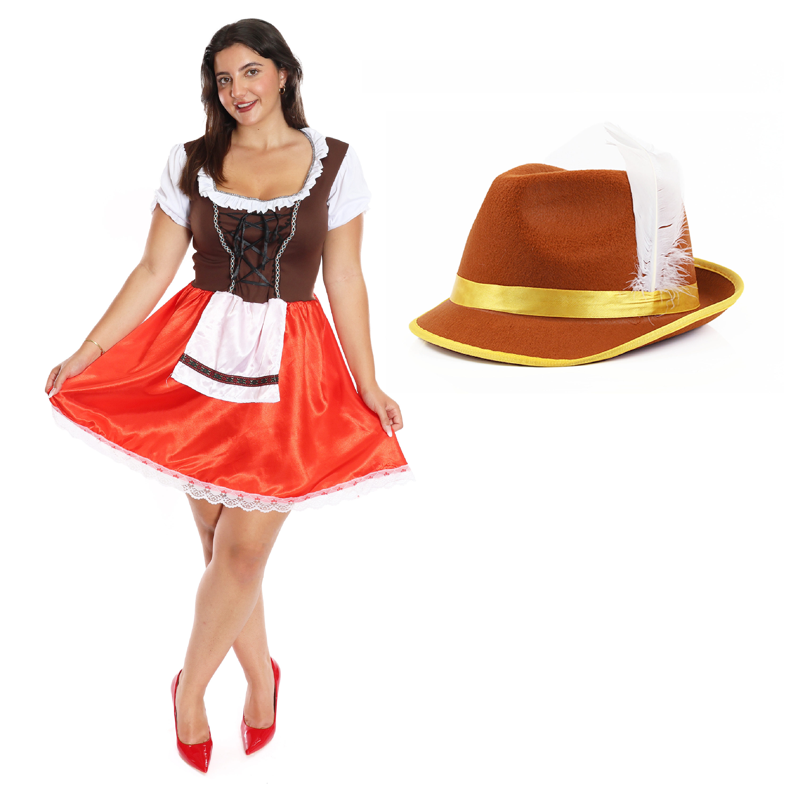 Ladies Brown and Red Bavarian Dress with Brown Hat