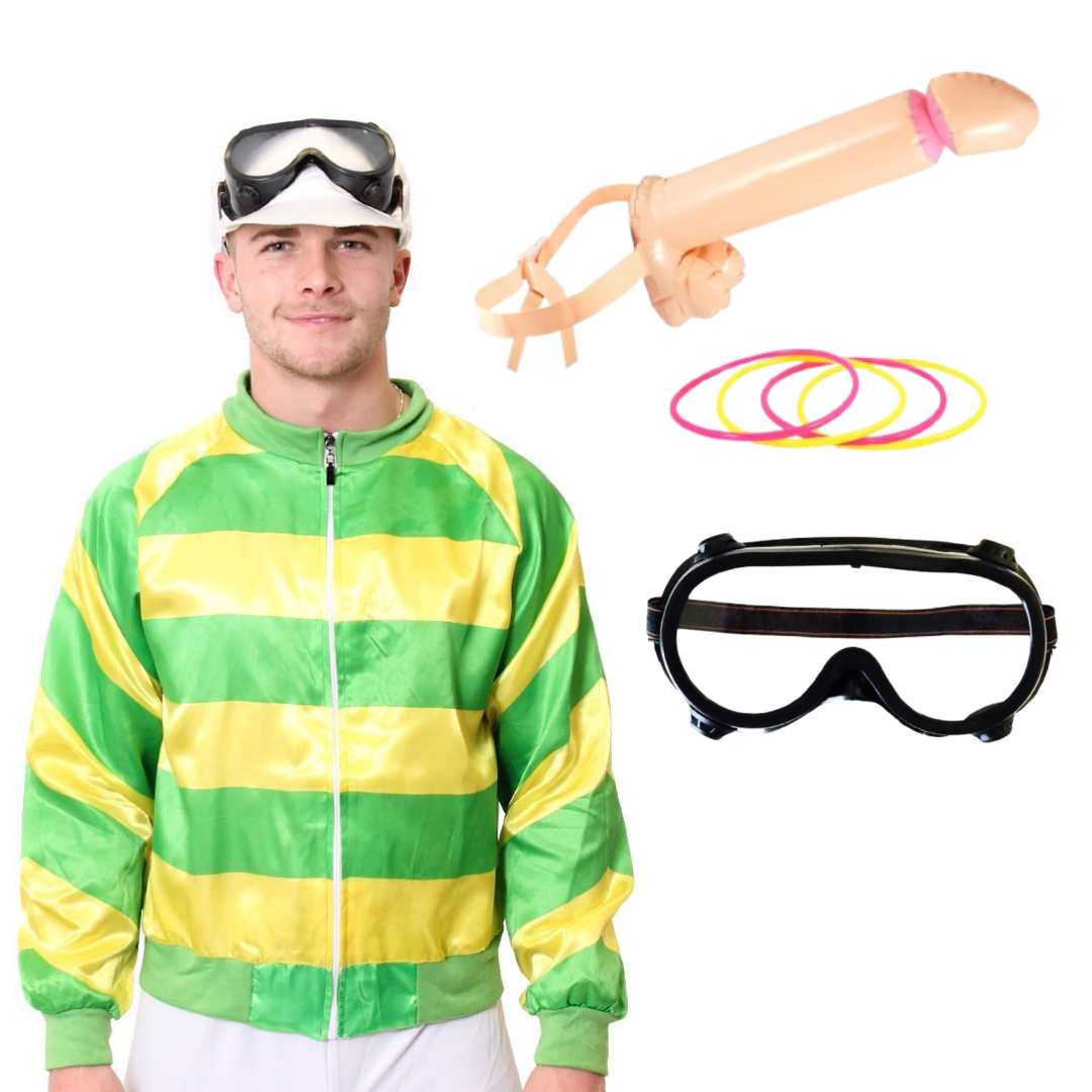 Adults Green & Yellow Knob Jockey Costume with Black Goggles & Novelty Willy Ring Toss Game